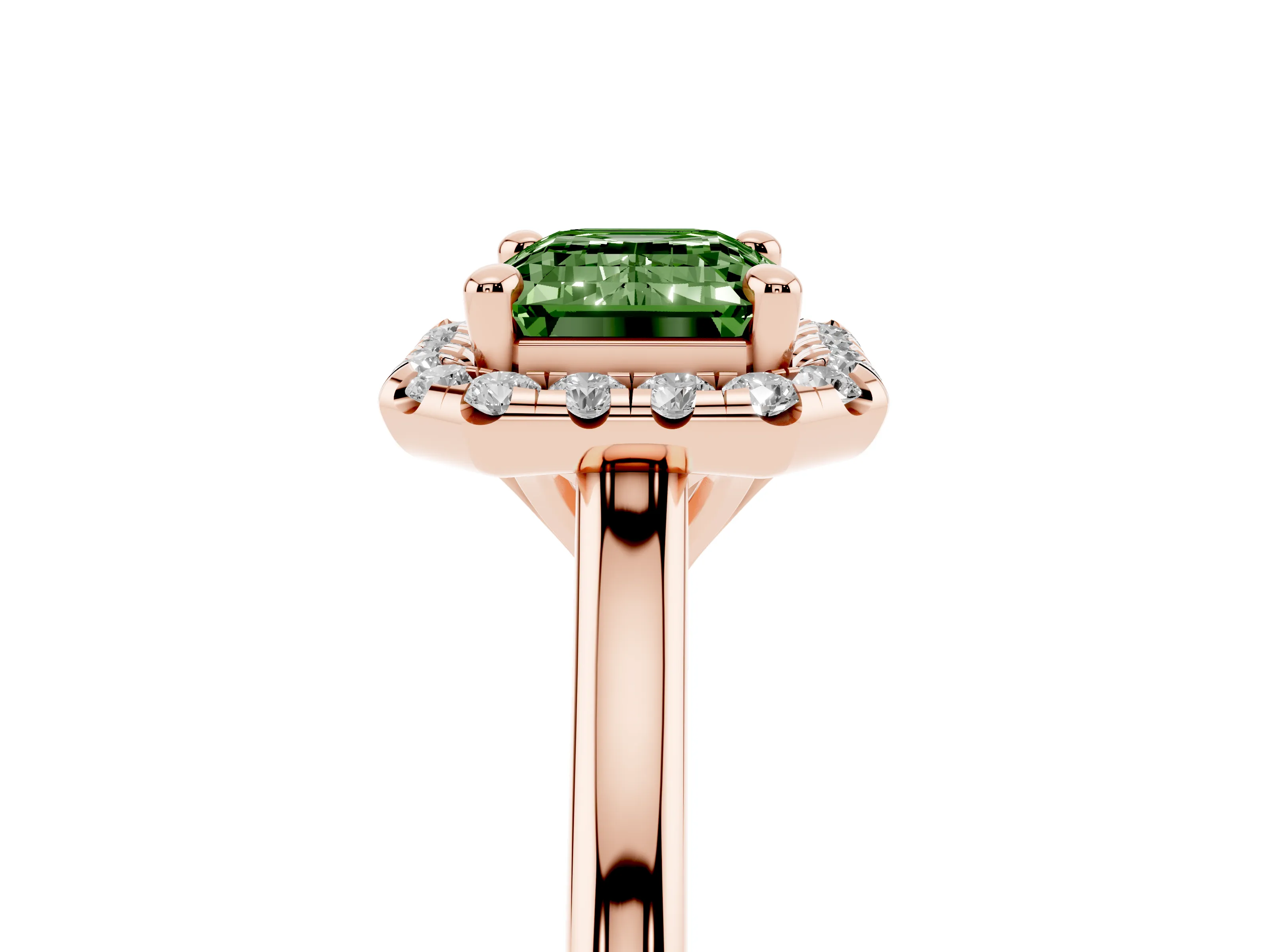Fancy Green Emerald Cut Diamond Halo Engagement Ring Set in Rose gold with Pavé Band and Rising Shoulders