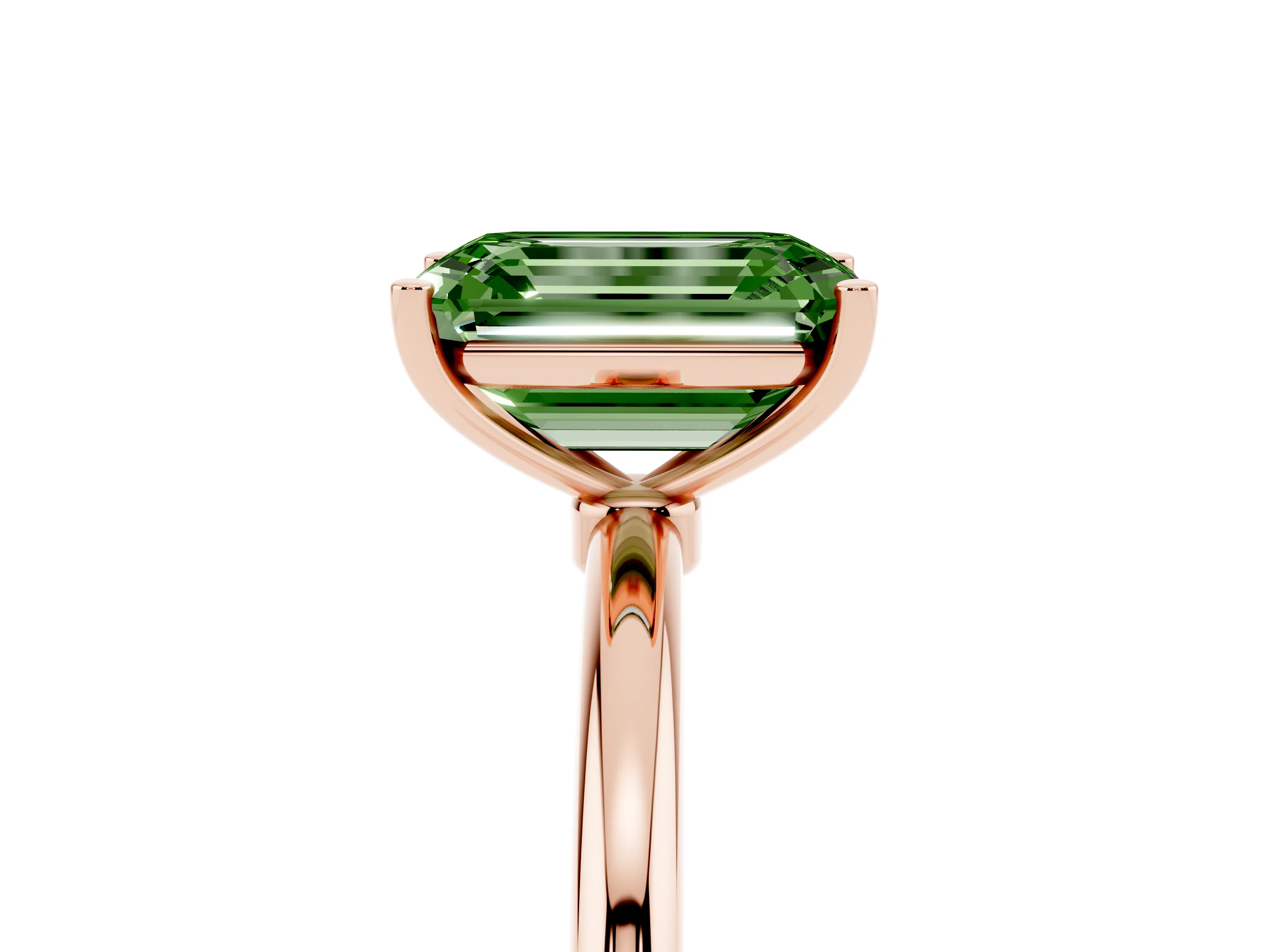 Fancy Green Emerald Cut Diamond Solitaire Engagement Ring Set in Rose gold with Thin Band and Prong Setting