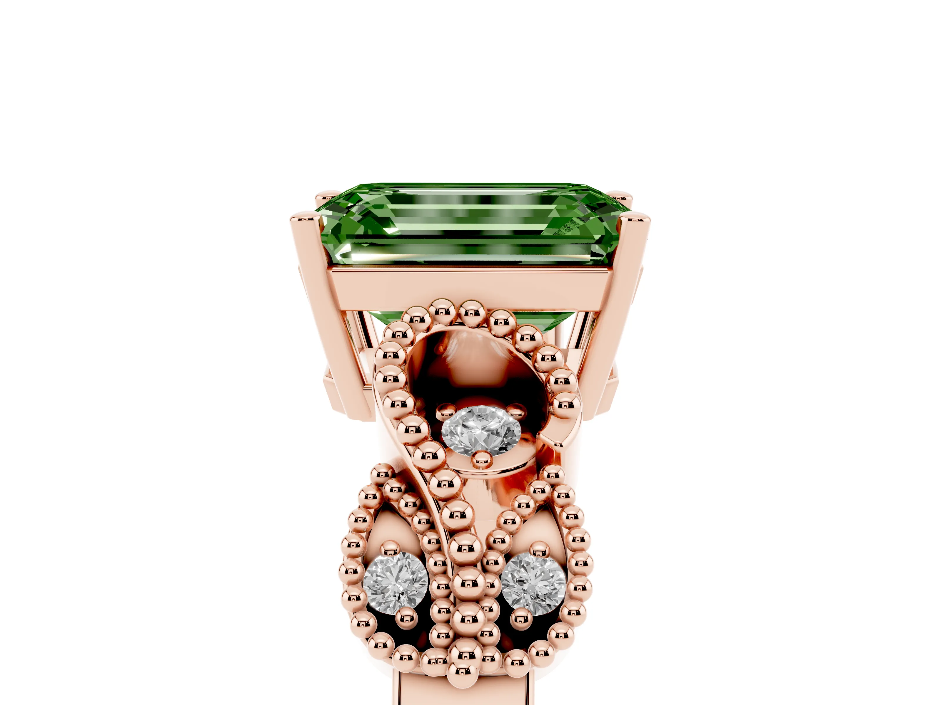 Fancy Green Emerald Cut Diamond Milgrain Leaf Band Solitaire Ring Set in Rose gold with Accent Stones and Prong Setting