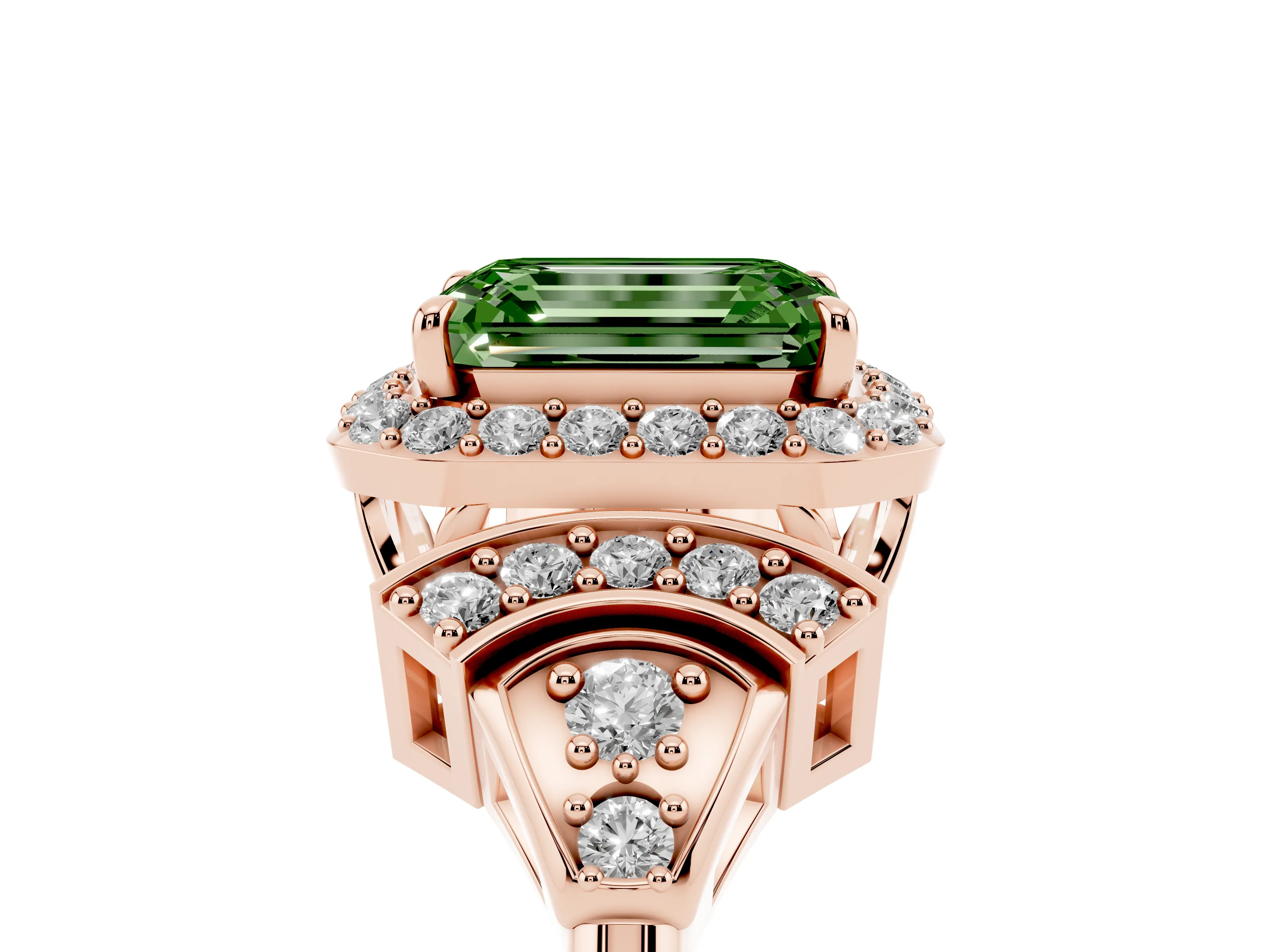 Fancy Green Emerald Cut Diamond Halo Engagement Ring Set in Rose gold with Accent Stone Split Shank