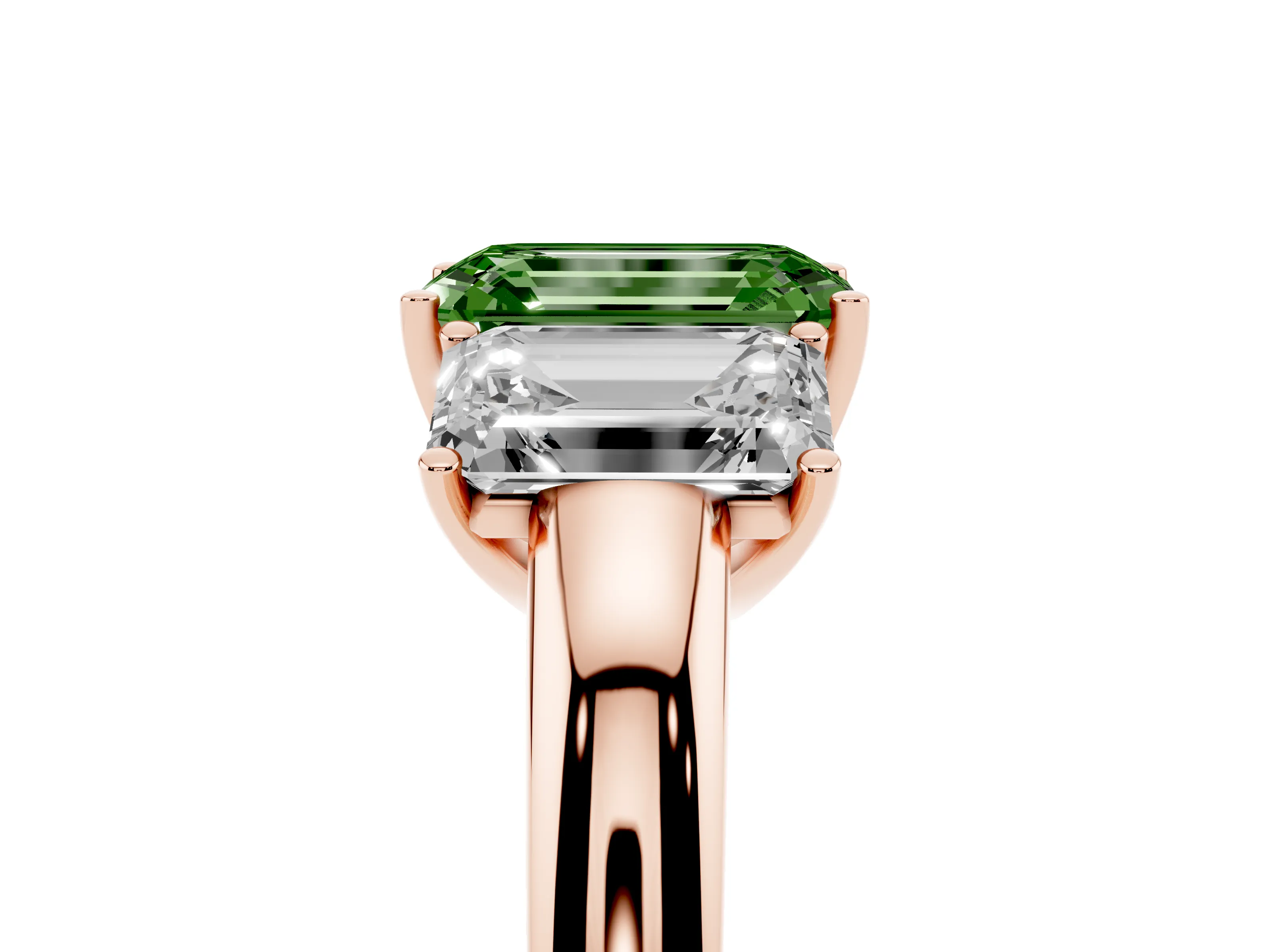 Fancy Green Emerald Cut Diamond Three-Stone Ring Set in Rose gold with Bold Center and Classic Band