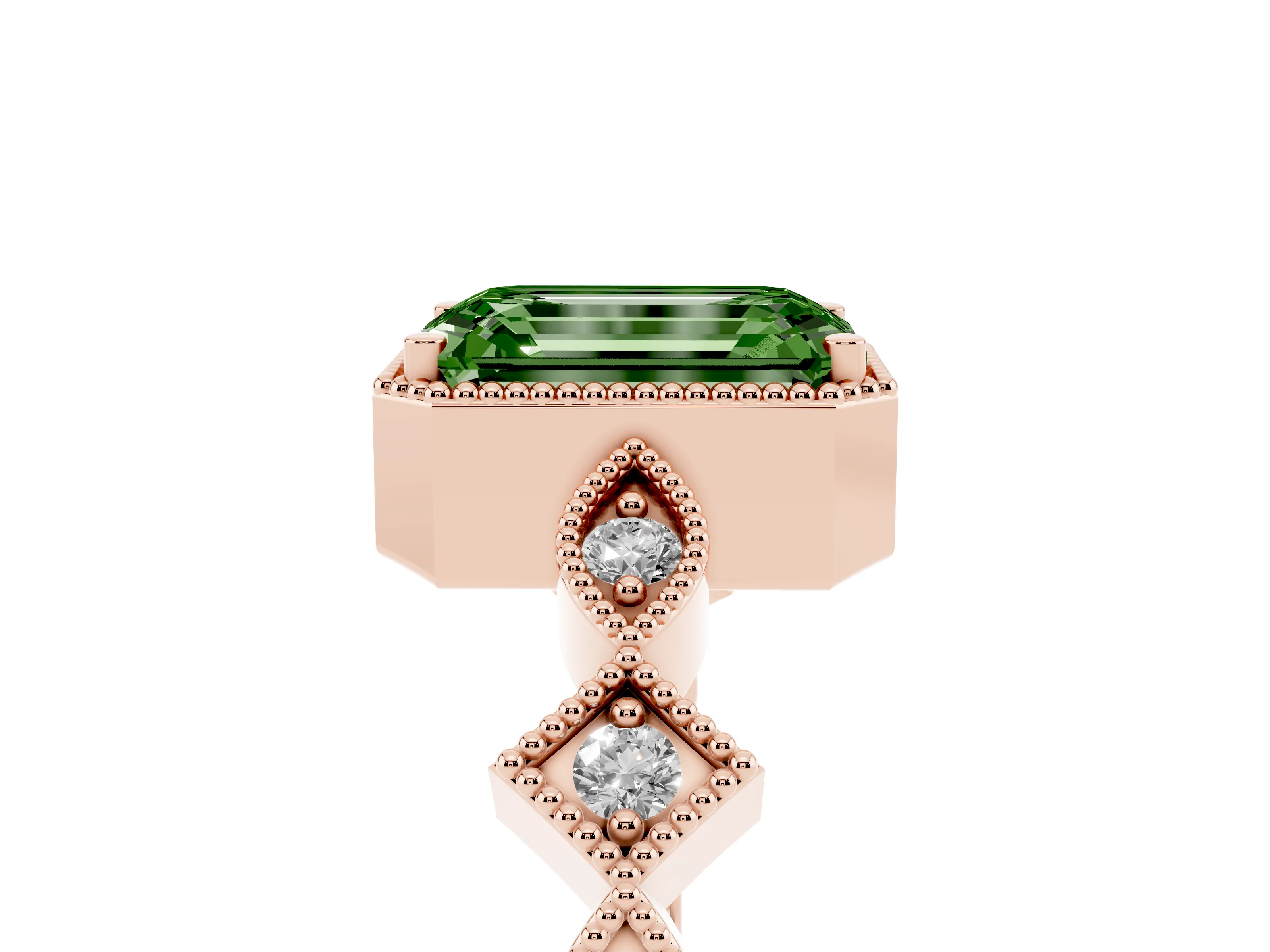 Fancy Green Emerald Cut Diamond Milgrain Marquise Twist Band Ring Set in Rose gold with Prong Setting