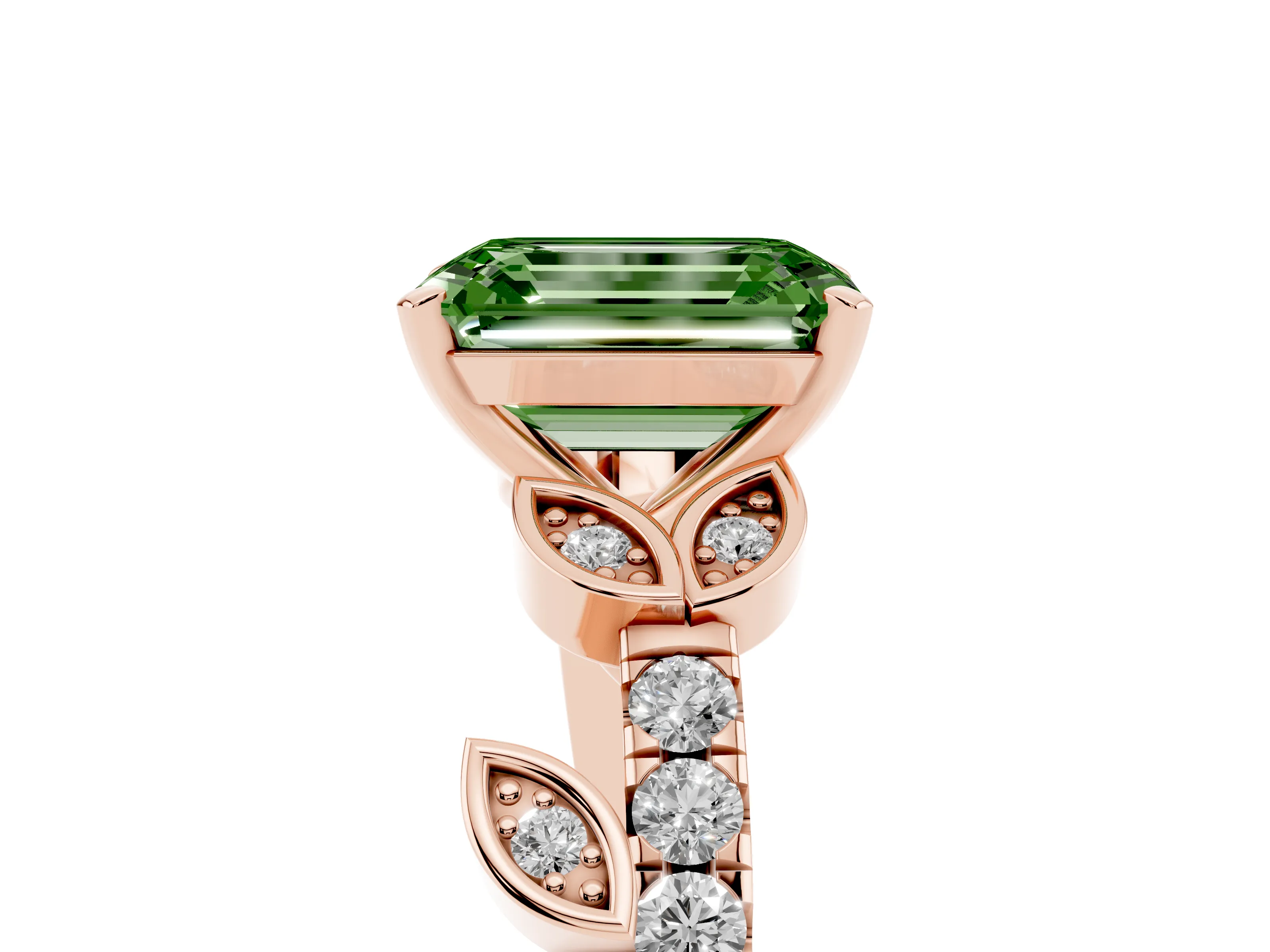 Fancy Green Emerald Cut Diamond Solitaire Leaf-Inspired Ring Set in Rose gold with Pavé Band and Prong Setting
