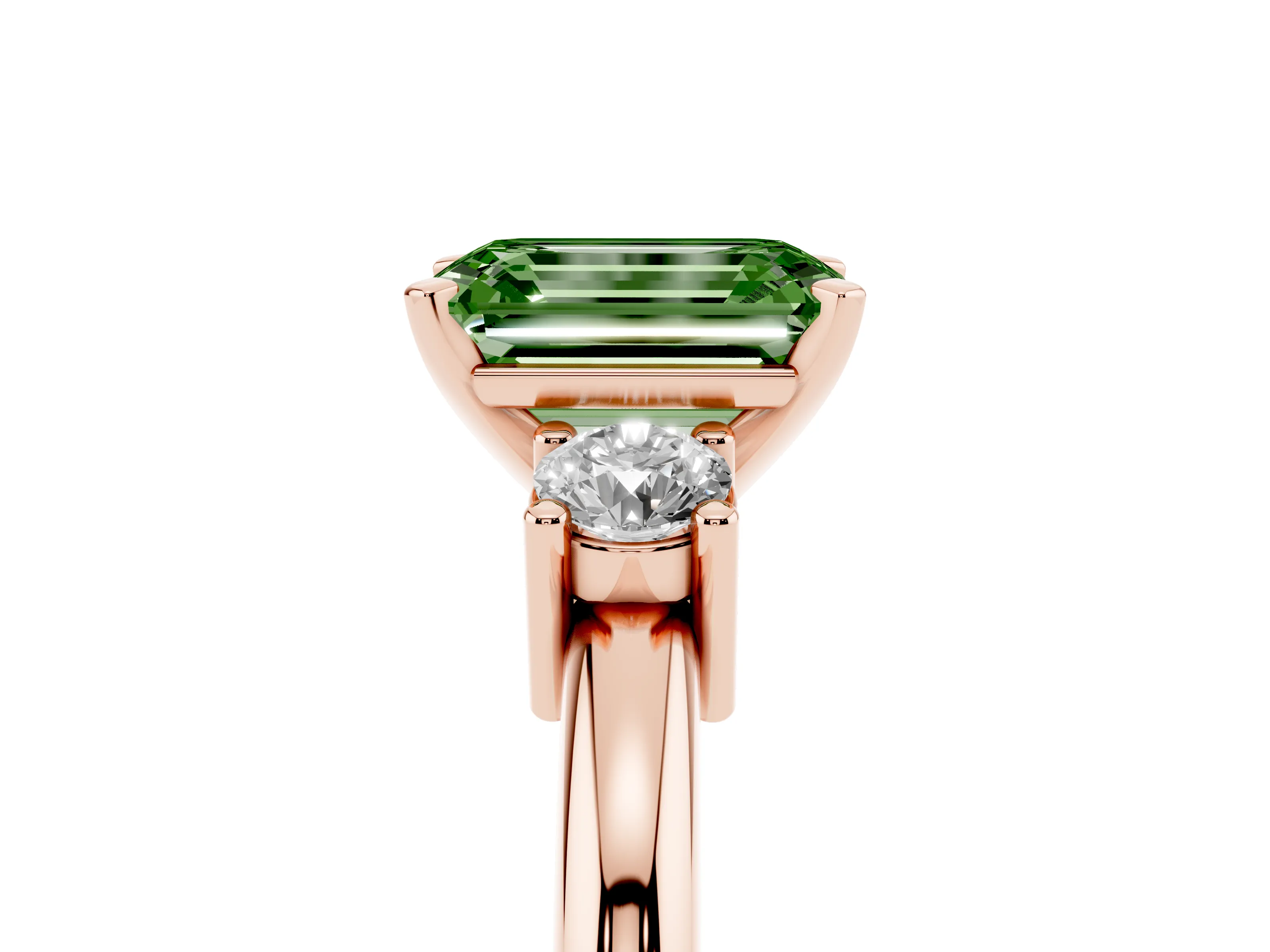 Fancy Green Three-Stone Emerald Cut Diamond Ring Set in Rose gold with Prong Setting and Plain Band