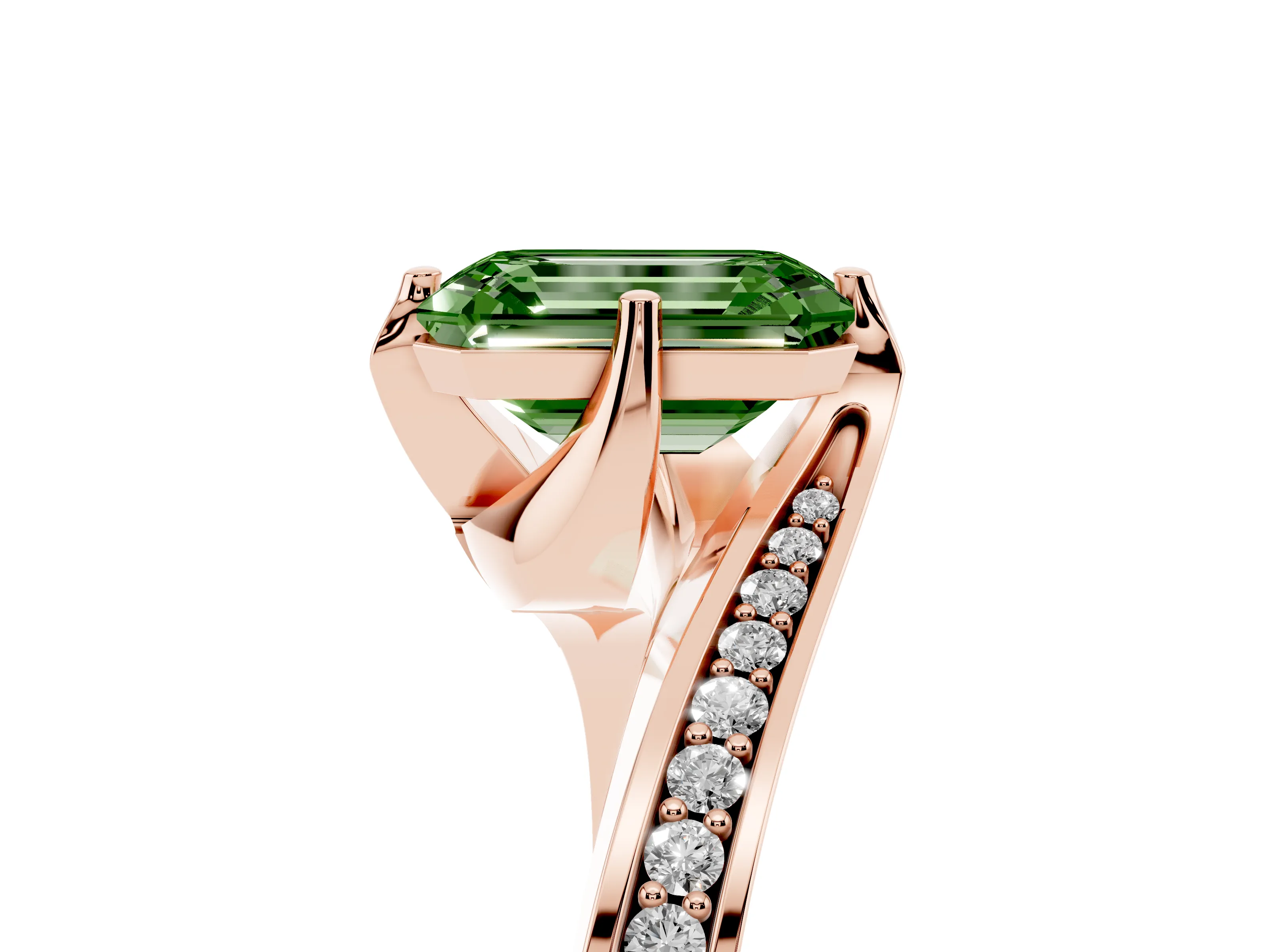 Fancy Green Emerald Cut Diamond Solitaire Ring Set in Rose gold with Intertwined Pavé Twist Band