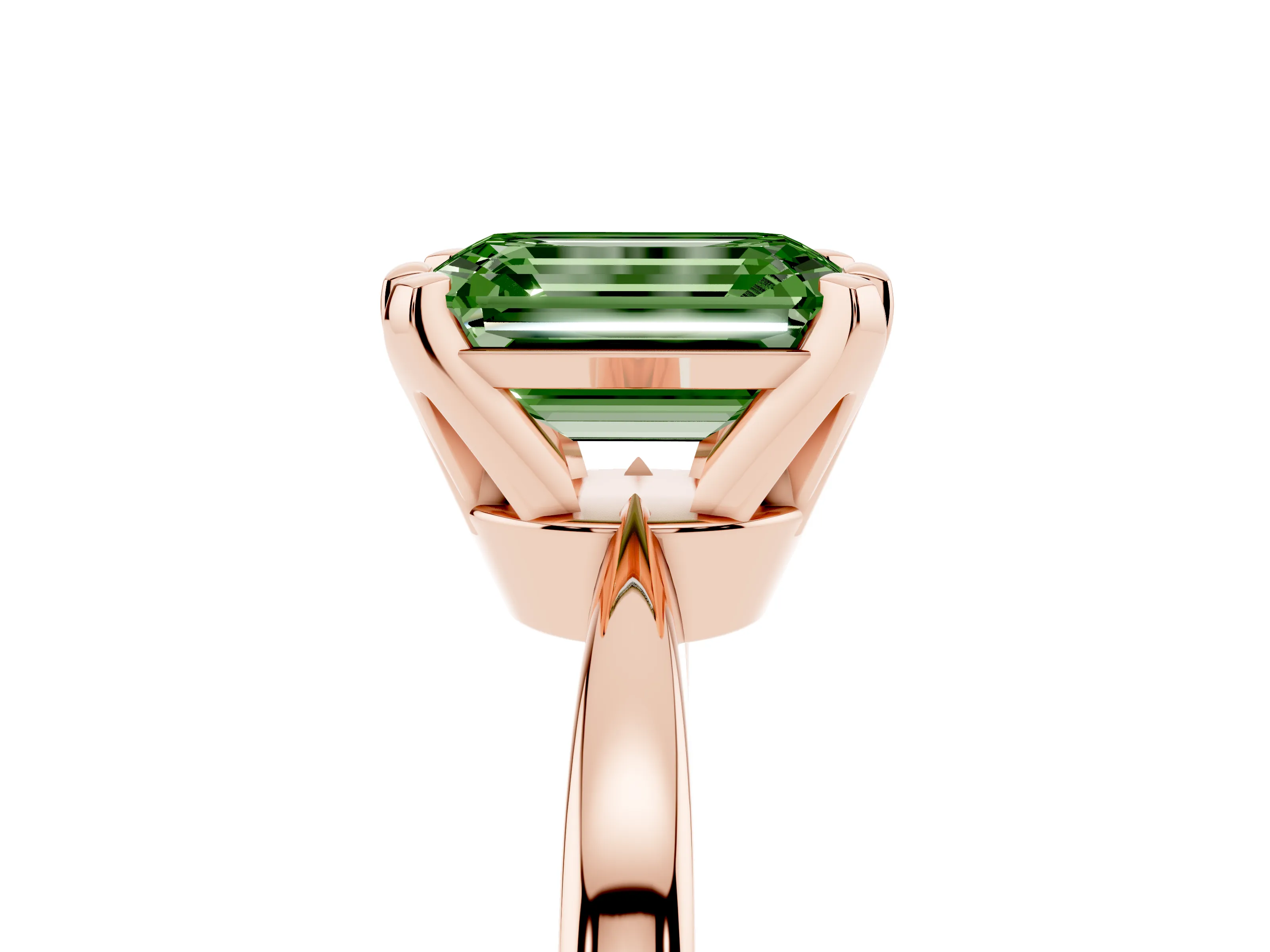 Fancy Green Emerald Cut Diamond Solitaire Engagement Ring Set in Rose gold with Slim Tapered Solitaire Band