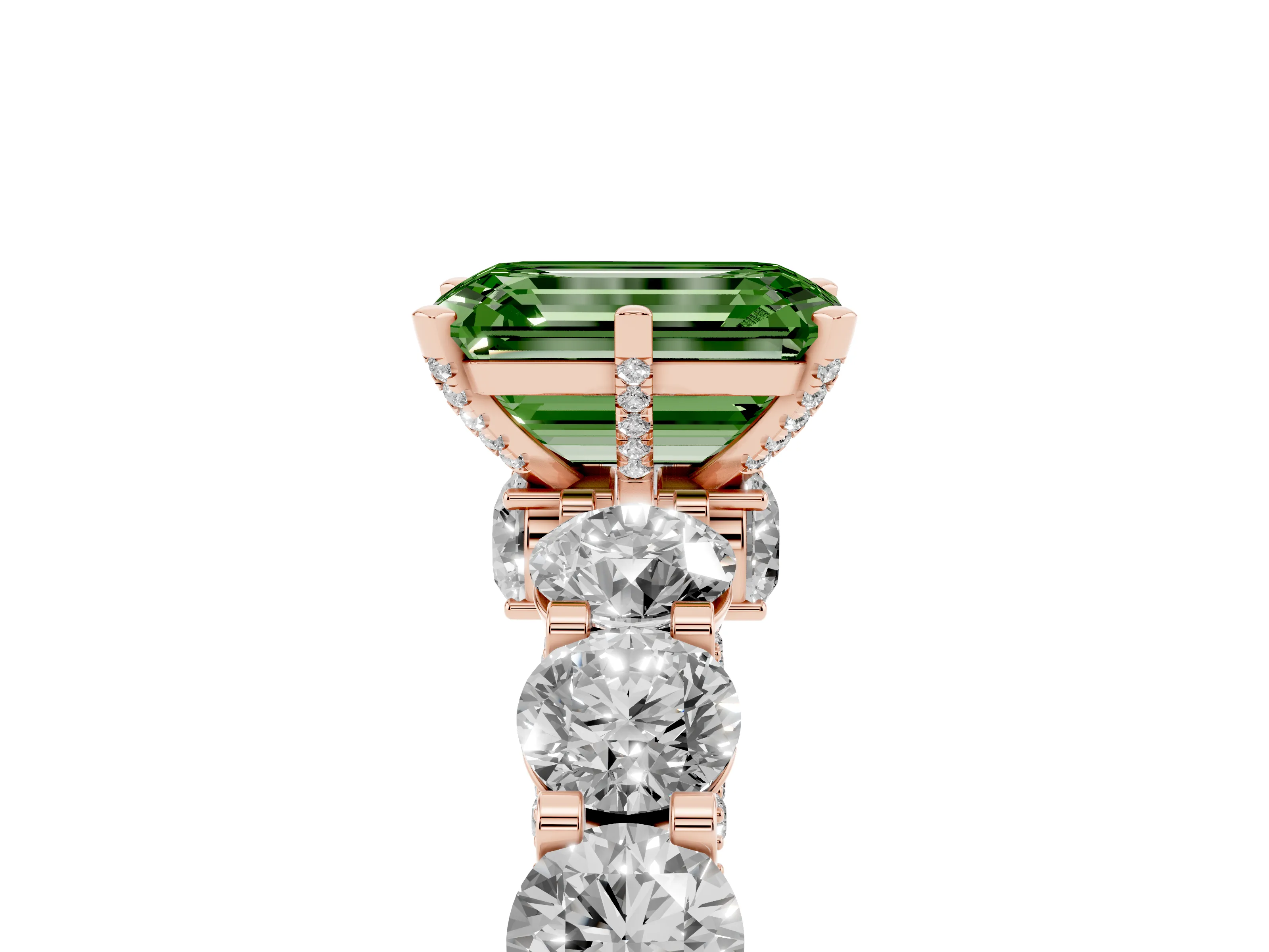 Fancy Green Emerald Cut Diamond Side Stone Ring Set in Rose gold with Alternating Round and Oval Side Stones
