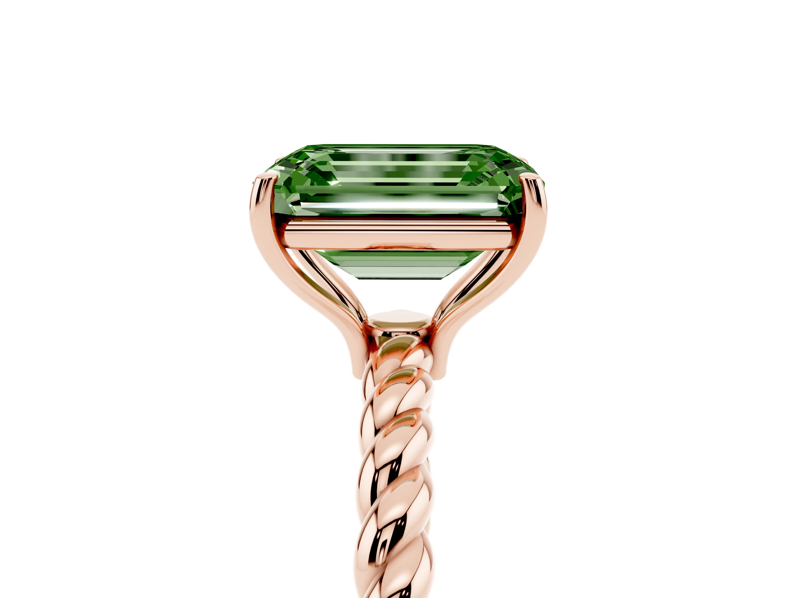 Fancy Green Emerald Cut Diamond Solitaire Ring Set in Rose gold with Twist Band and Prong Setting