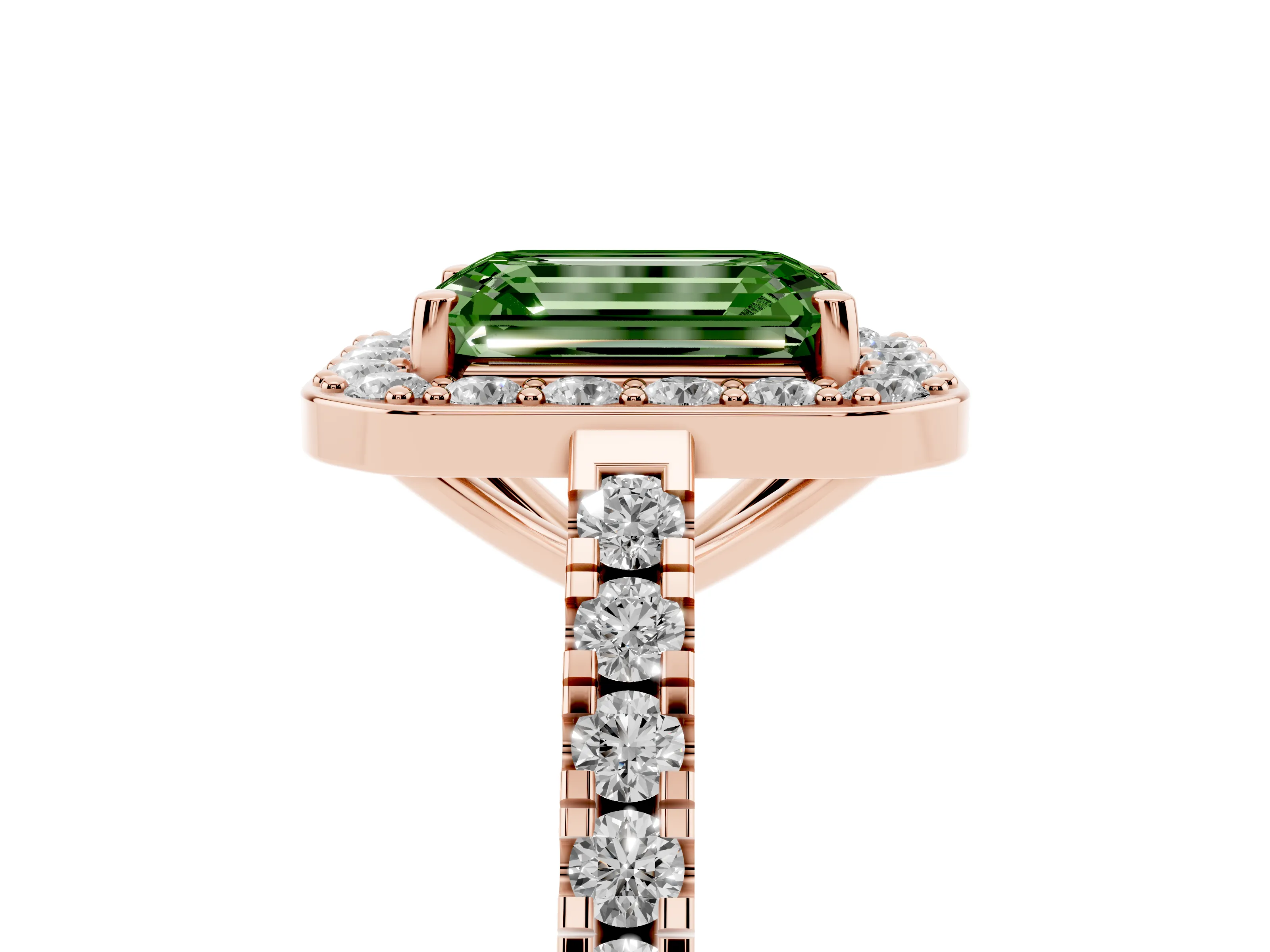 Fancy Green Emerald Cut Diamond Halo Ring Set in Rose gold with Round Pavé Split Shank and Prong Setting