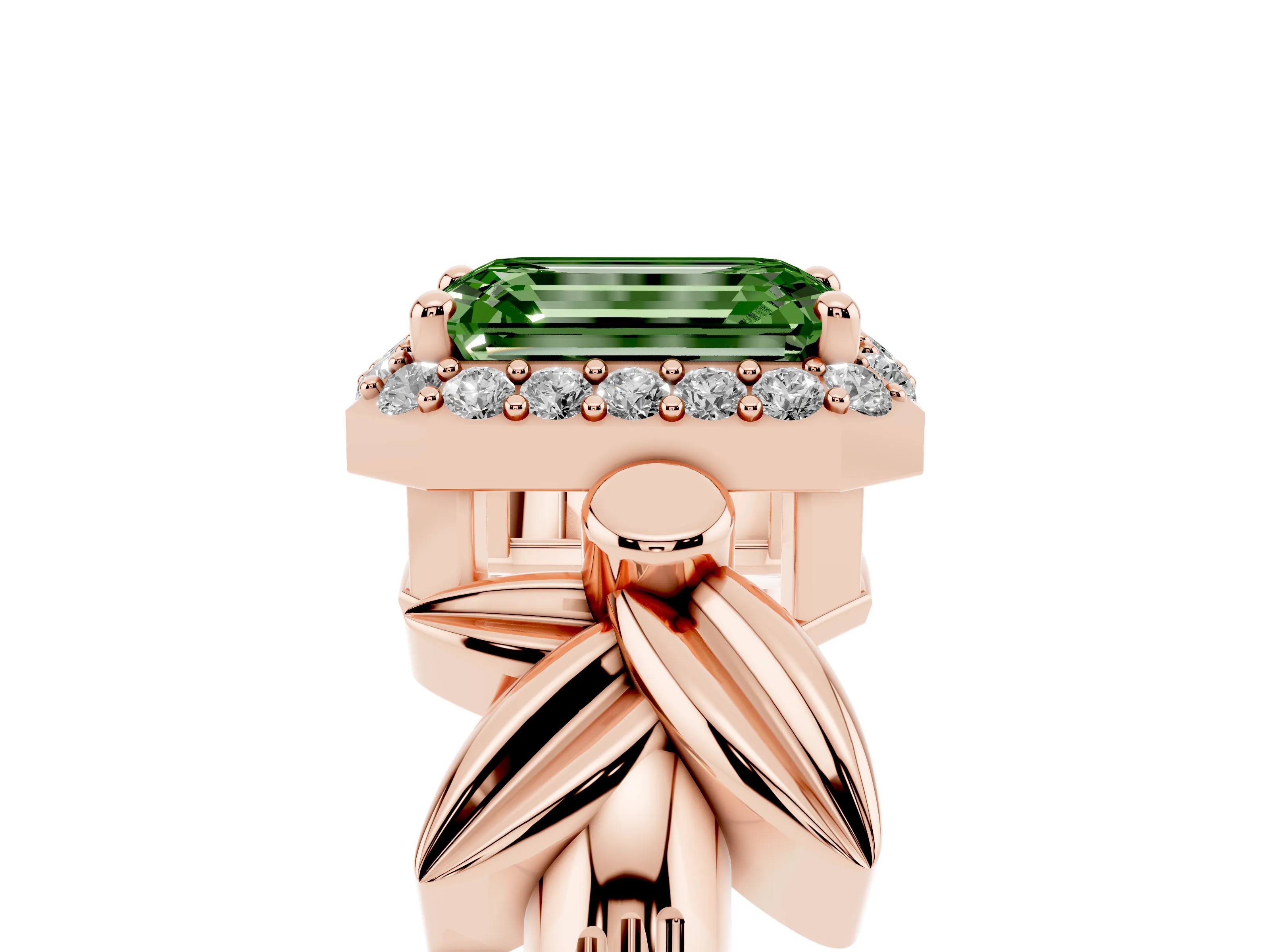 Fancy Green Emerald Cut Diamond Halo Floral Band Ring Set in Rose gold with Prong Setting