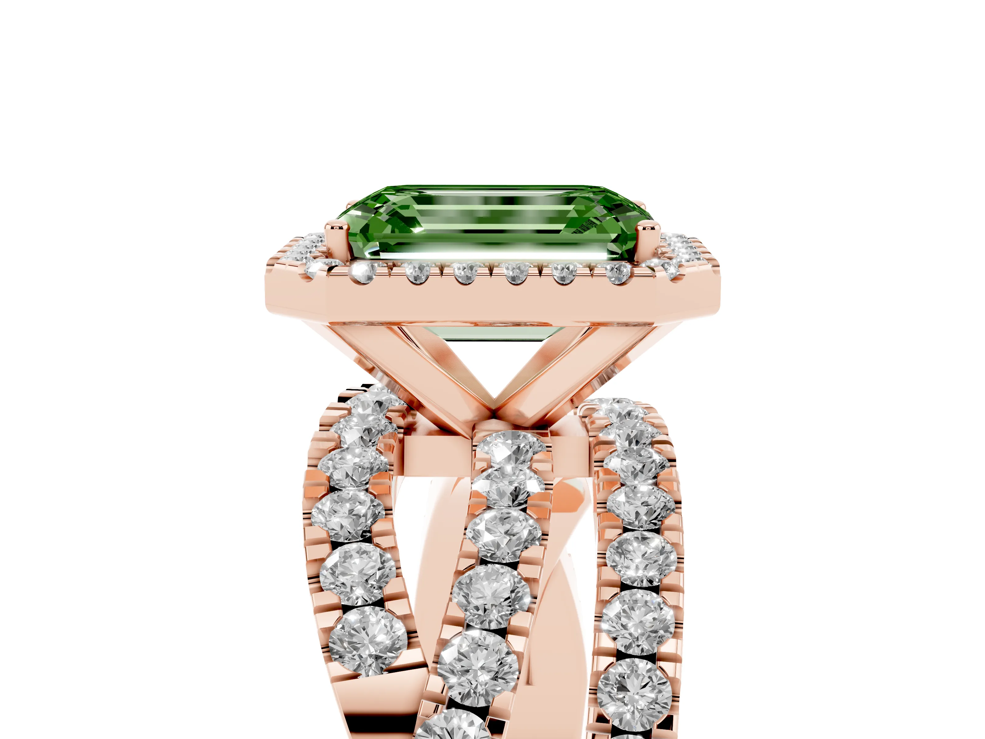 Fancy Green Emerald Cut Diamond Halo Ring Set in Rose gold with Round Crossover Split Shank and Prong Setting