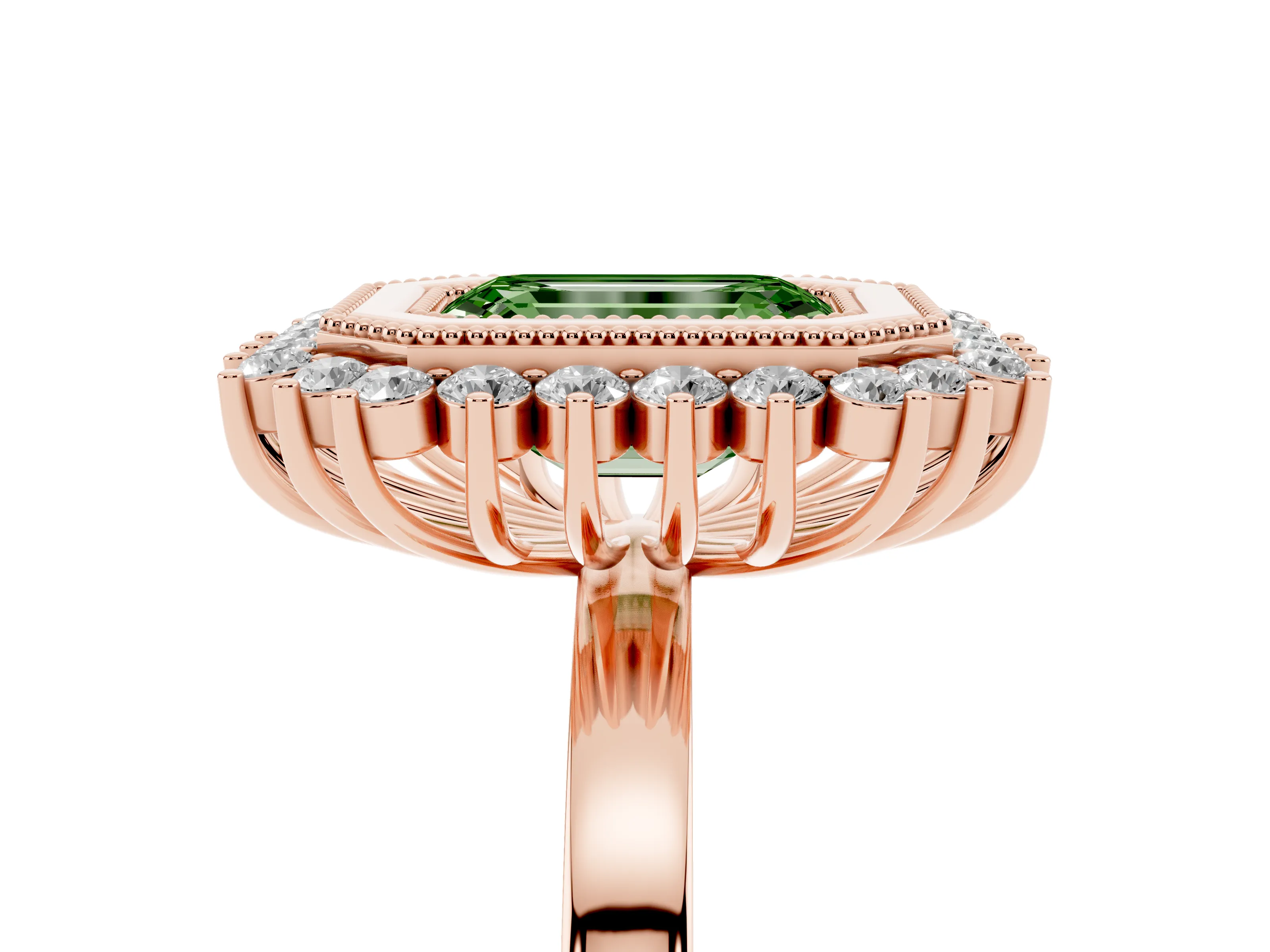 Fancy Green Emerald Cut Diamond Halo Ring Set in Rose gold with Milgrain Edge and Round Prong Setting