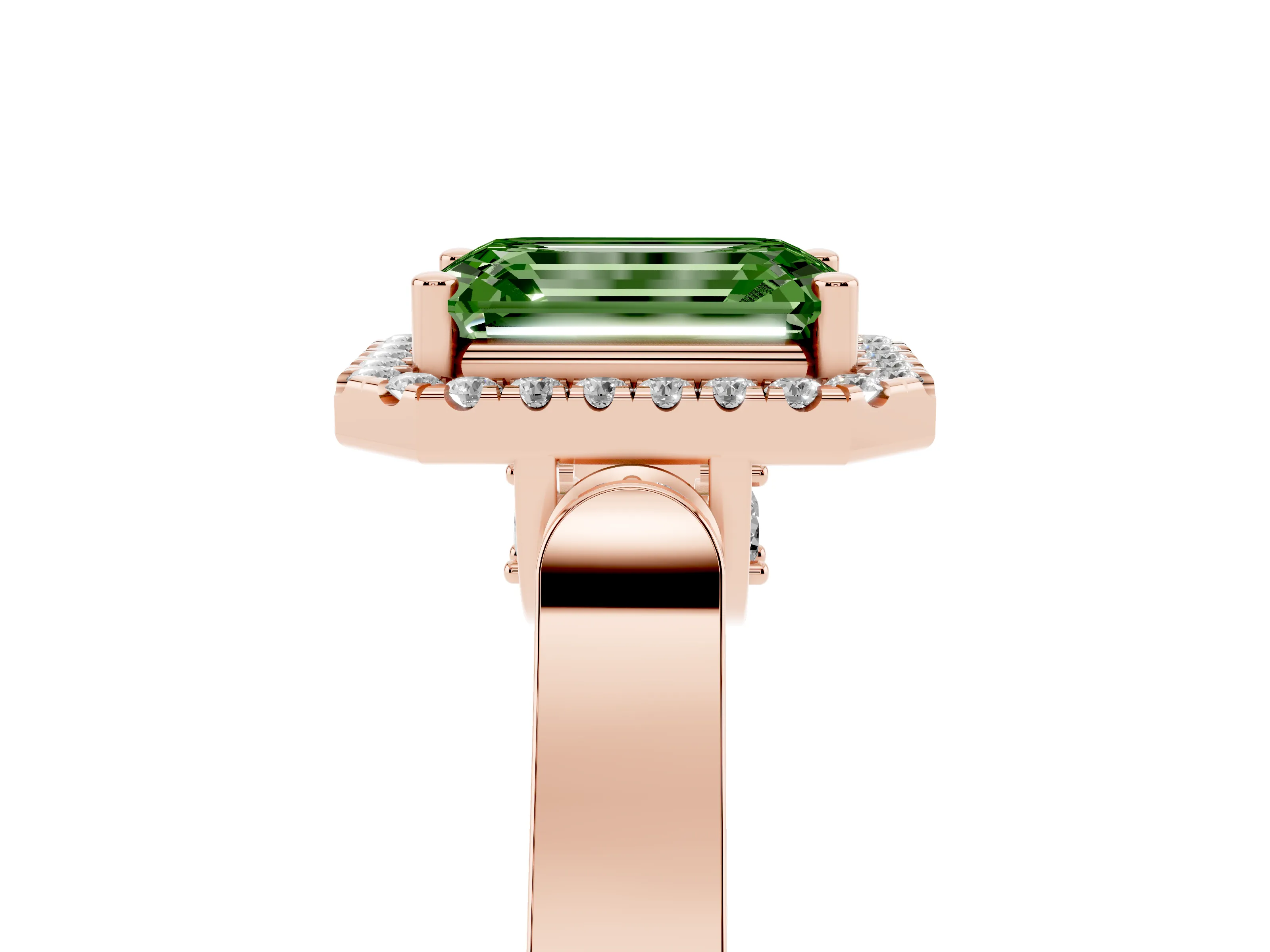 Fancy Green Emerald Cut Diamond Halo Ring Set in Rose gold with Pavé-Lined Split Shank Band