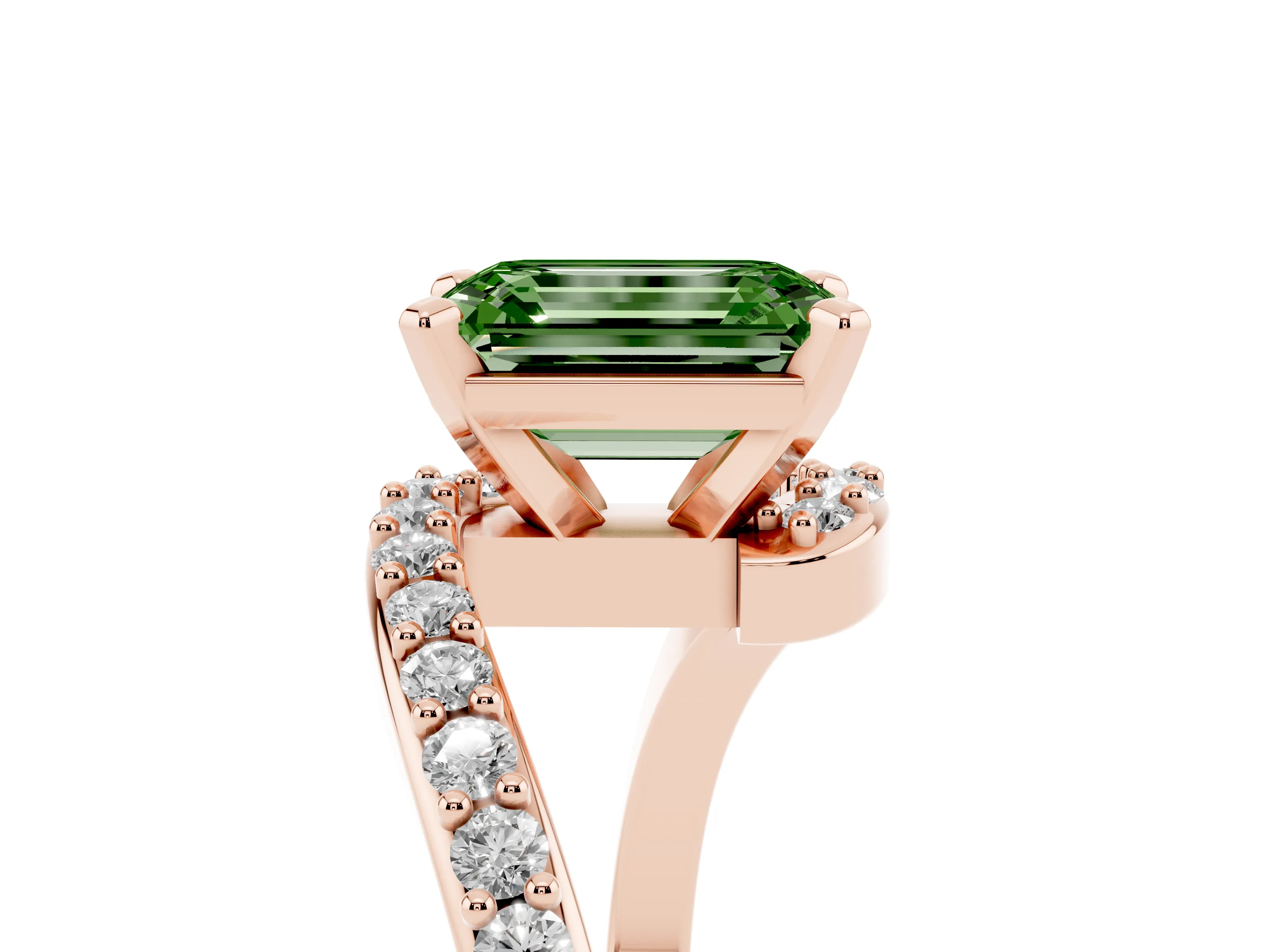 Fancy Green Emerald Cut Diamond Solitaire Ring Set in Rose gold with Pavé Twist Band and Prong Setting