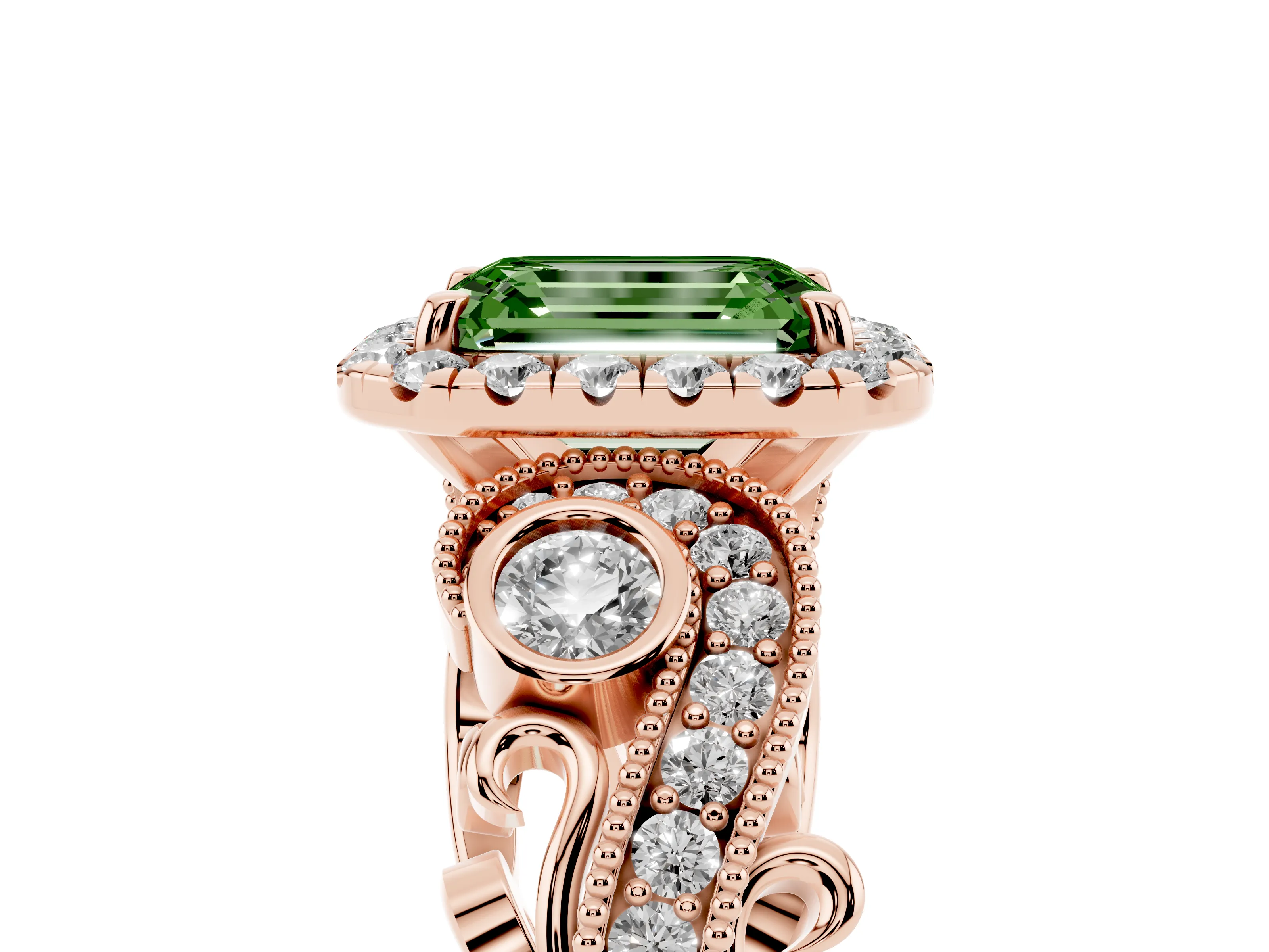 Fancy Green Emerald Cut Diamond Halo Ring Set in Rose gold with Milgrain Pavé Band and Prong Setting