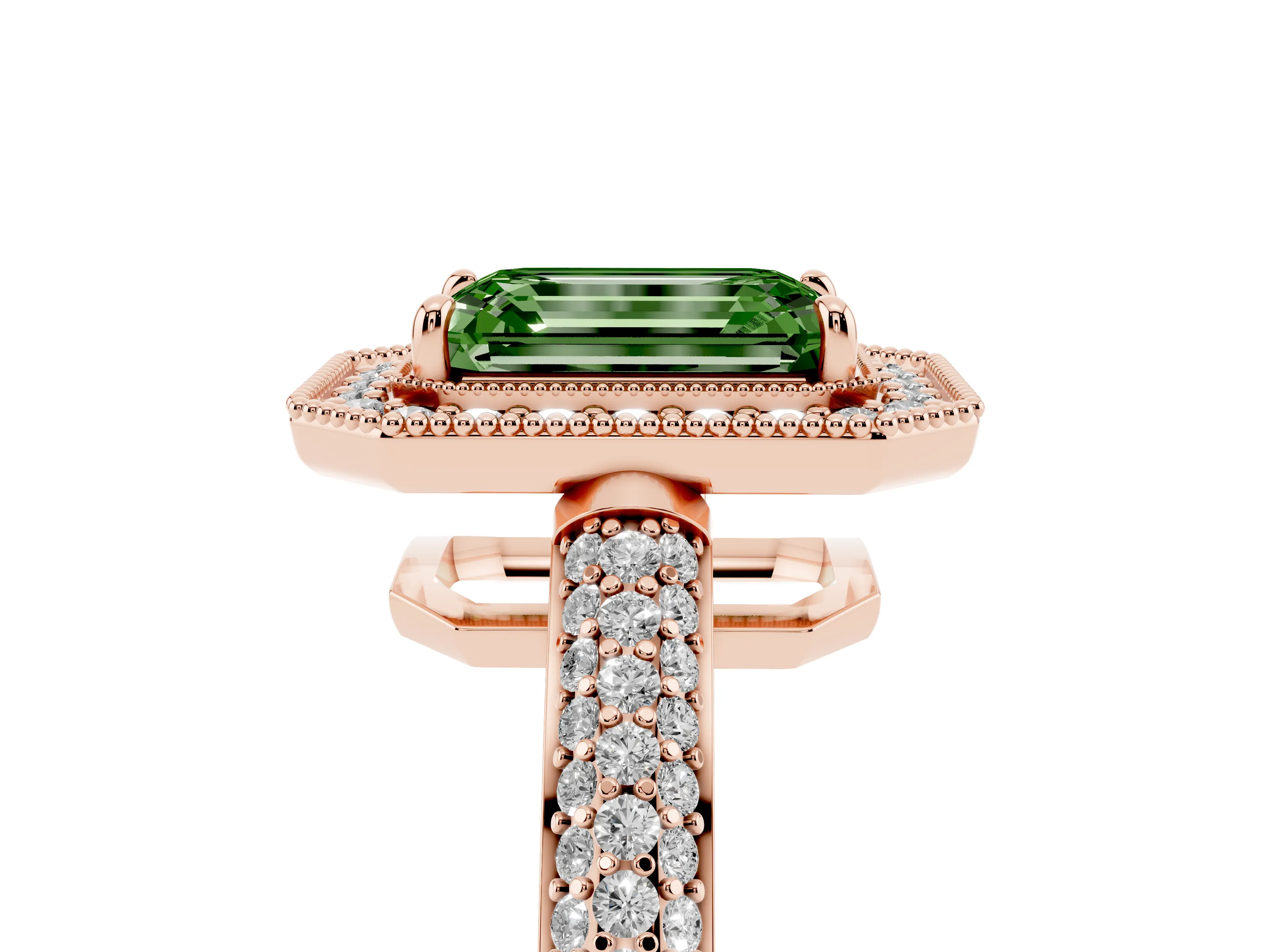 Fancy Green Emerald Cut Diamond Halo Pavé Band Set in Rose gold with Prong Setting