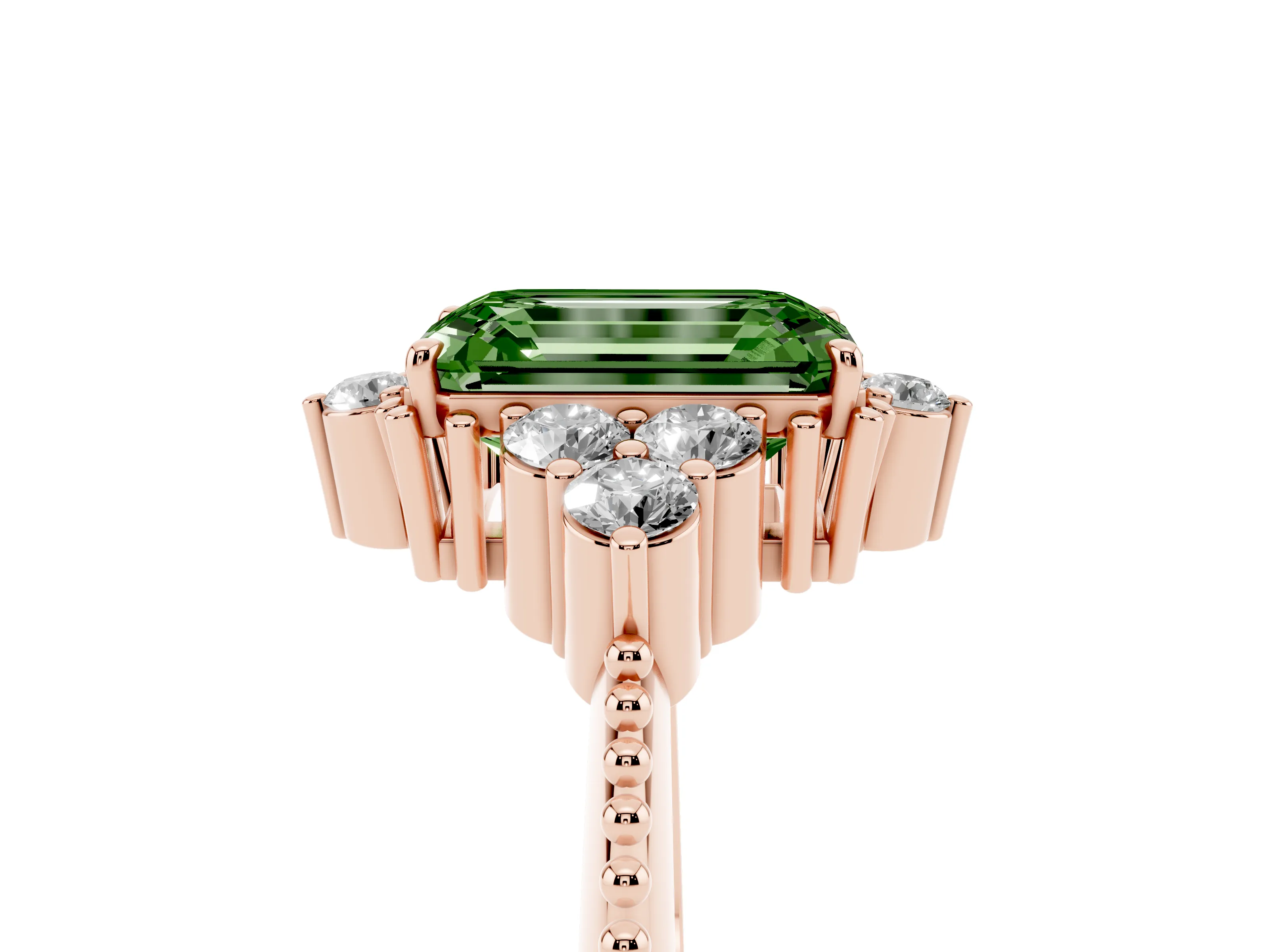 Fancy Green Emerald Cut Diamond Cluster Ring Set in Rose gold with Beaded Band