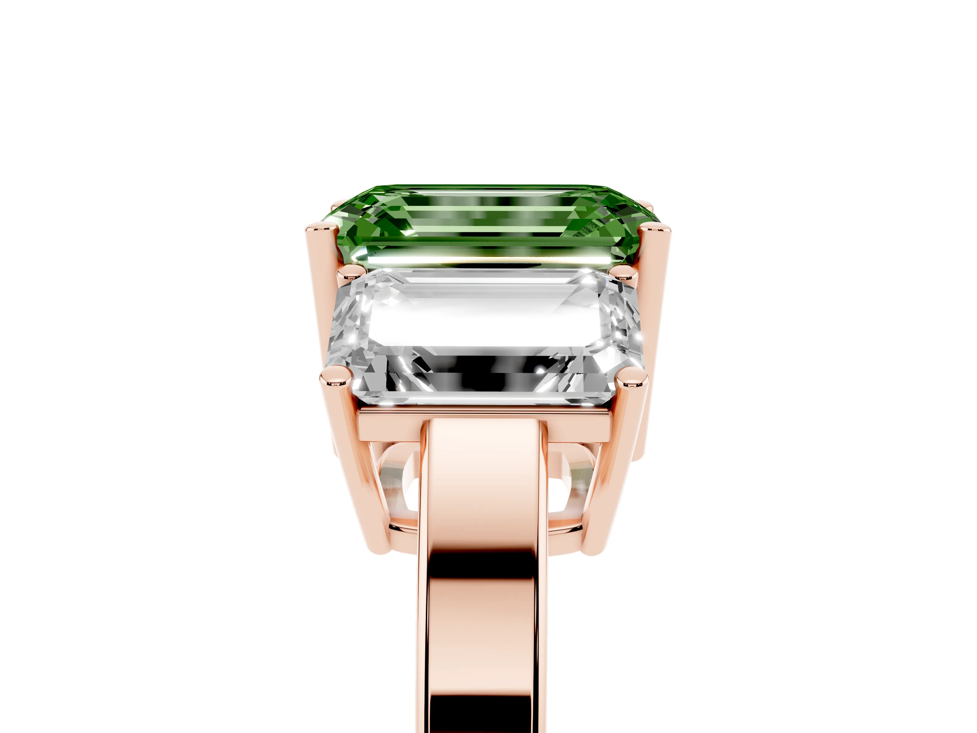 Fancy Green Emerald Cut Diamond Three-Stone Engagement Ring Set in Rose gold with Flat Band