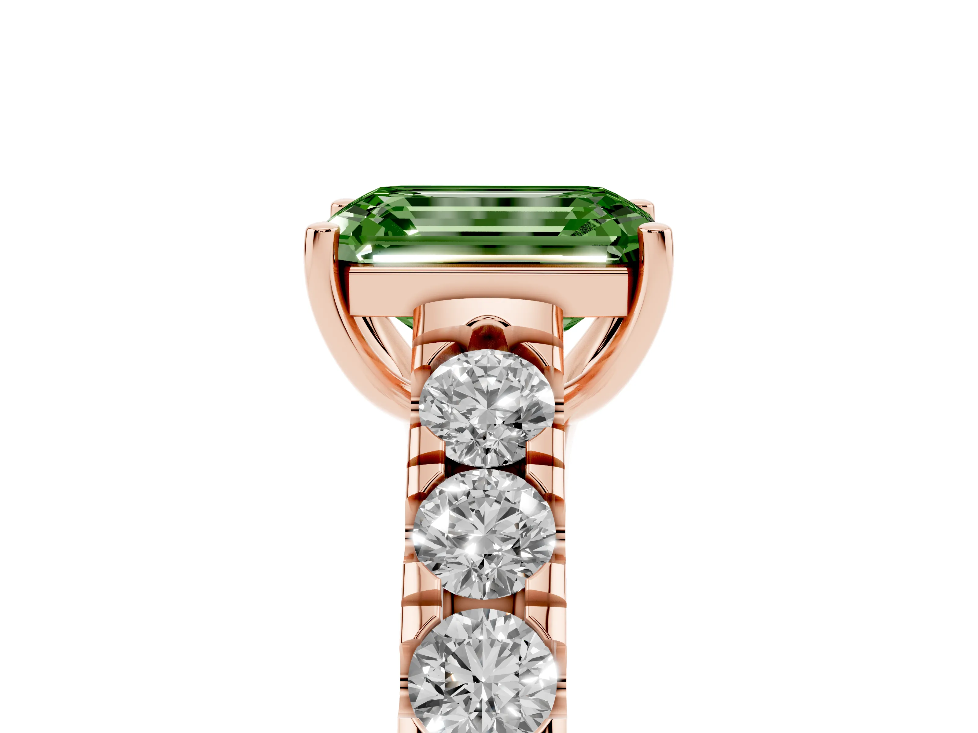 Fancy Green Emerald Cut Diamond Solitaire Ring Set in Rose gold with Cut-Down Micro Pavé Band and Prong Setting