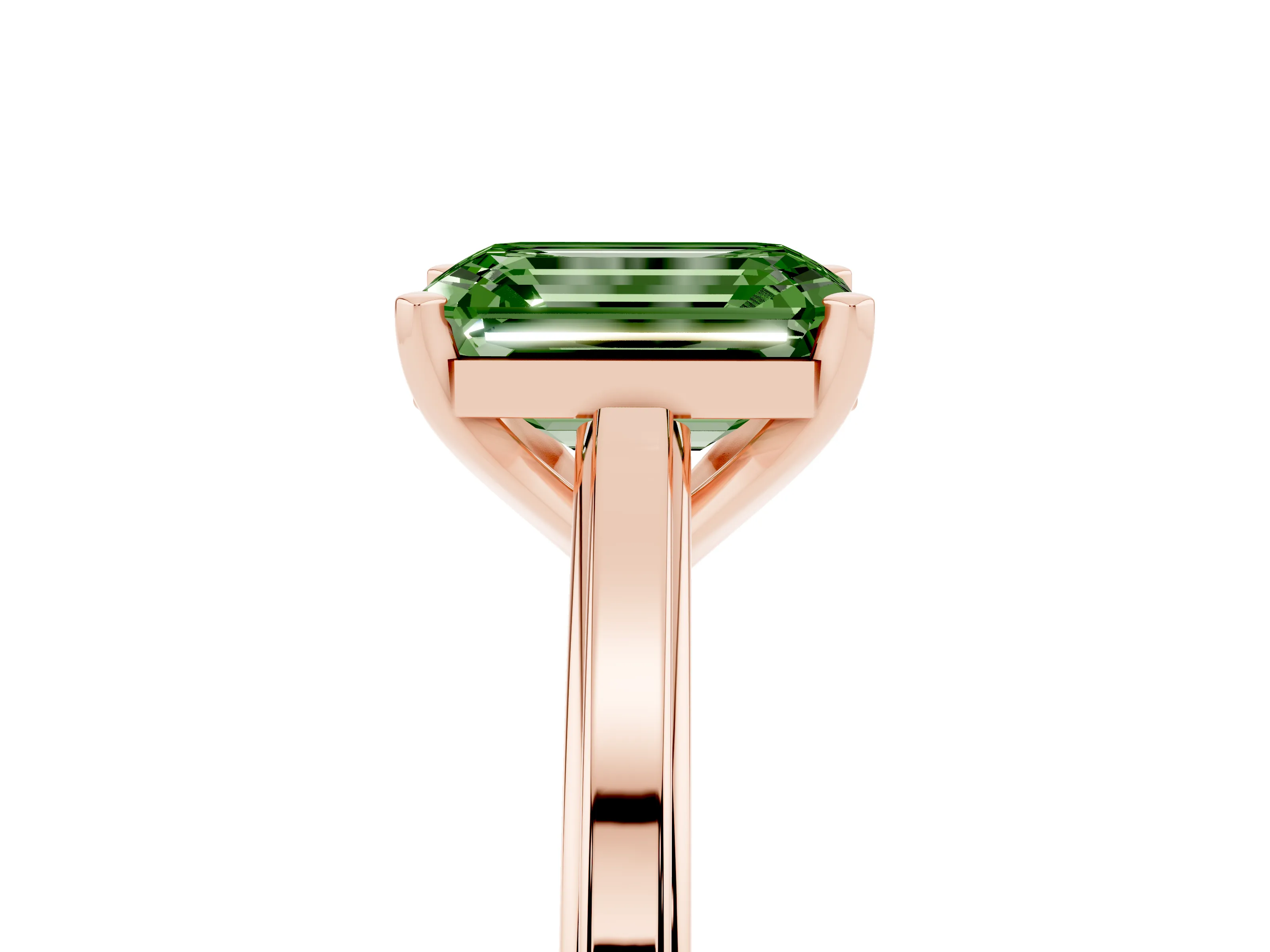 Fancy Green Emerald Cut Diamond Solitaire Ring Set in Rose gold with Prong Setting and Classic Band