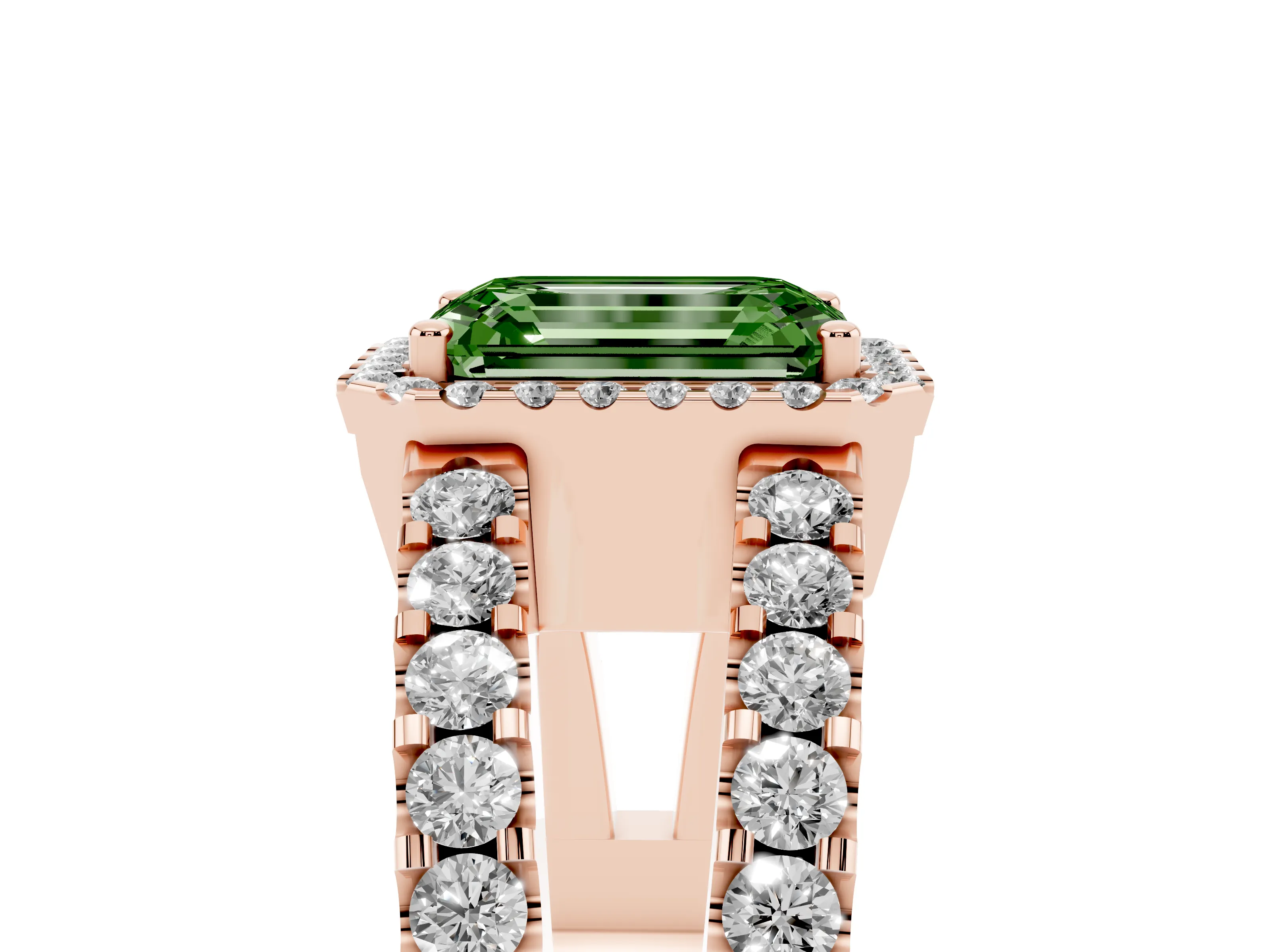 Fancy Green Emerald Cut Diamond Halo Ring Set in Rose gold with Pavé Split Shank and Prong Setting