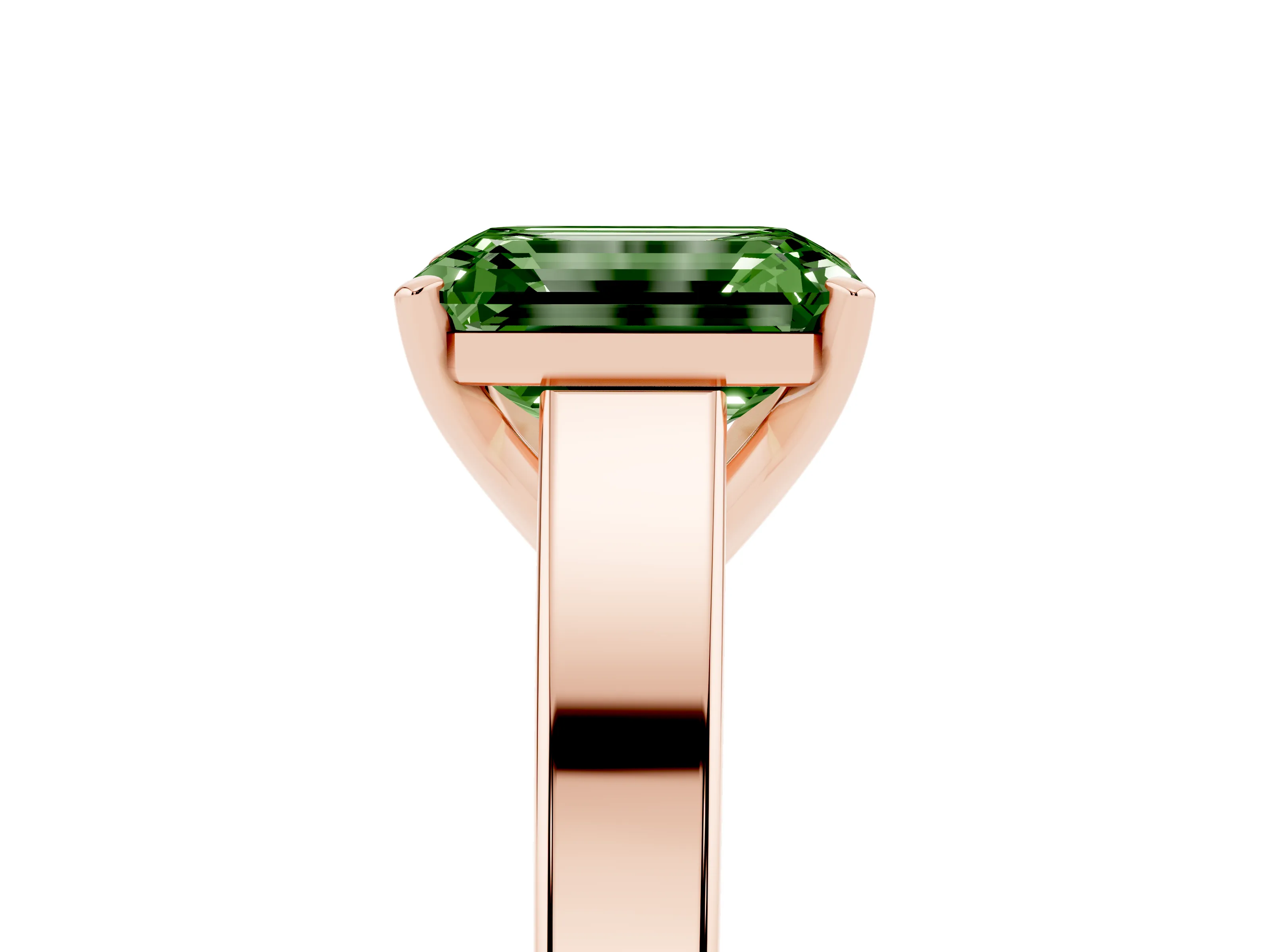 Fancy Green Emerald Cut Diamond Solitaire Engagement Ring Set in Rose gold with Prong Setting and Tapered Band