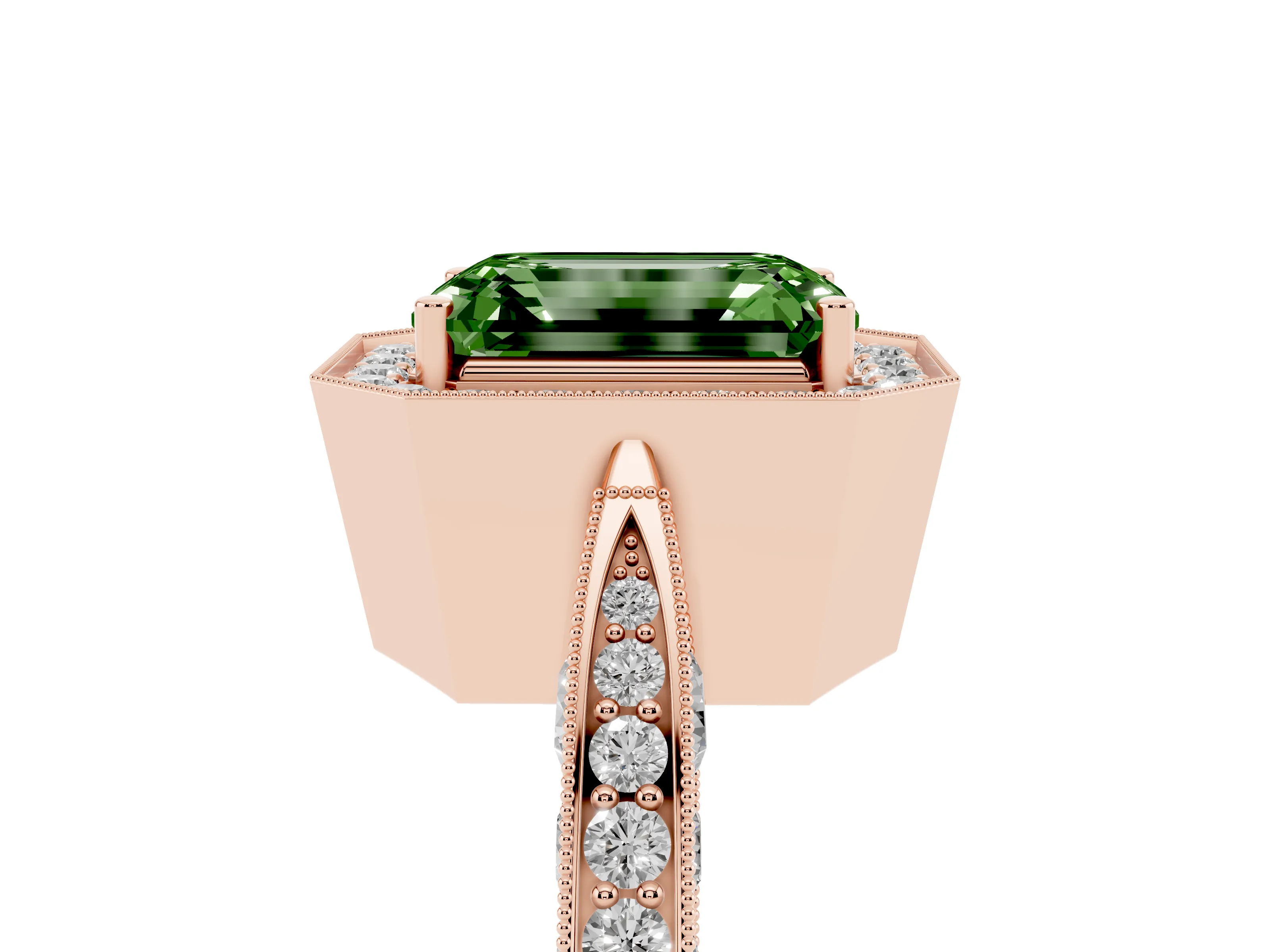 Fancy Green Emerald Cut Diamond Halo Engagement Ring Set in Rose gold with Accent Split Shank Band