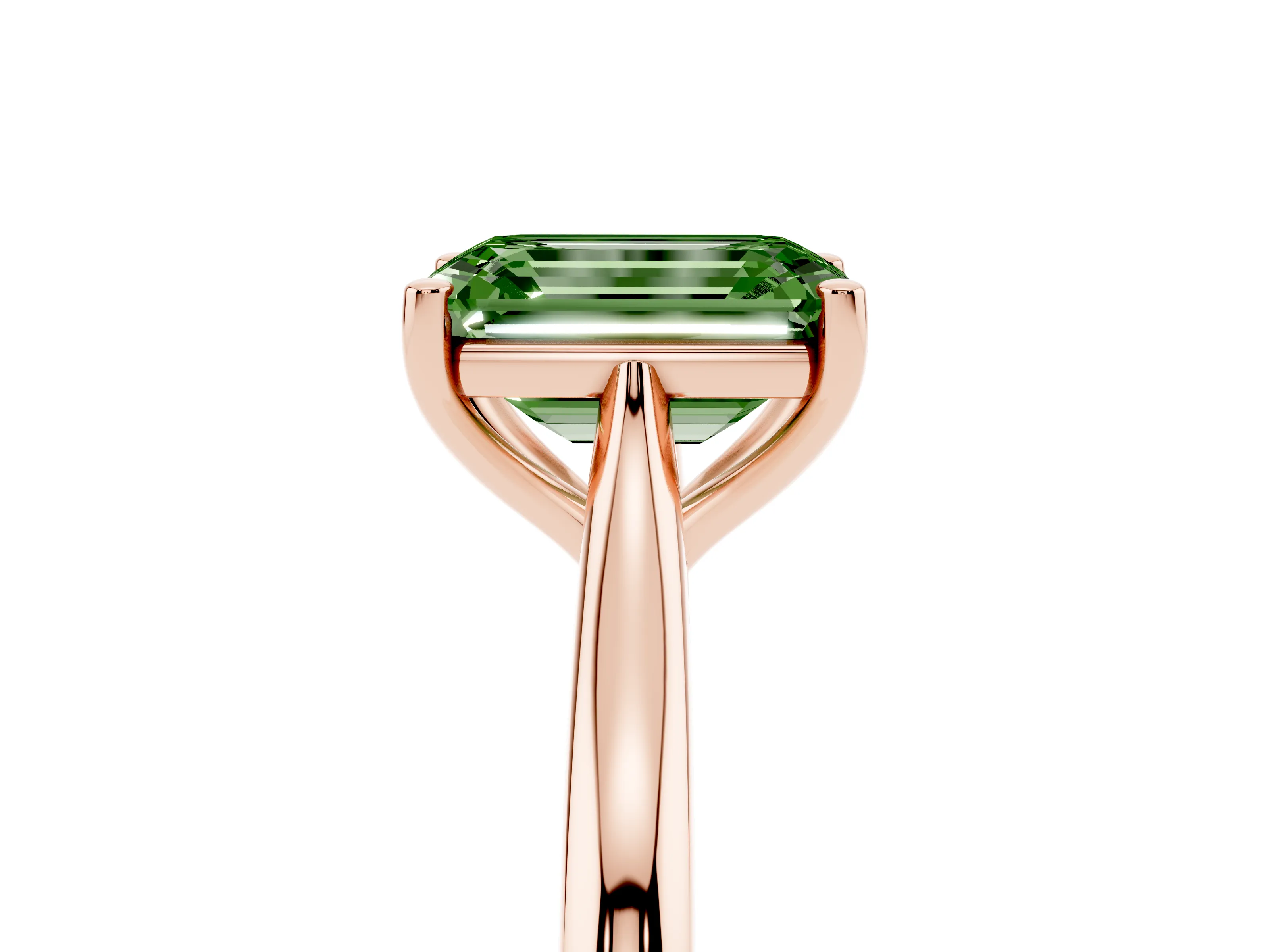Fancy Green Emerald Cut Diamond Solitaire Ring Set in Rose gold with Cathedral Band and Prong Setting