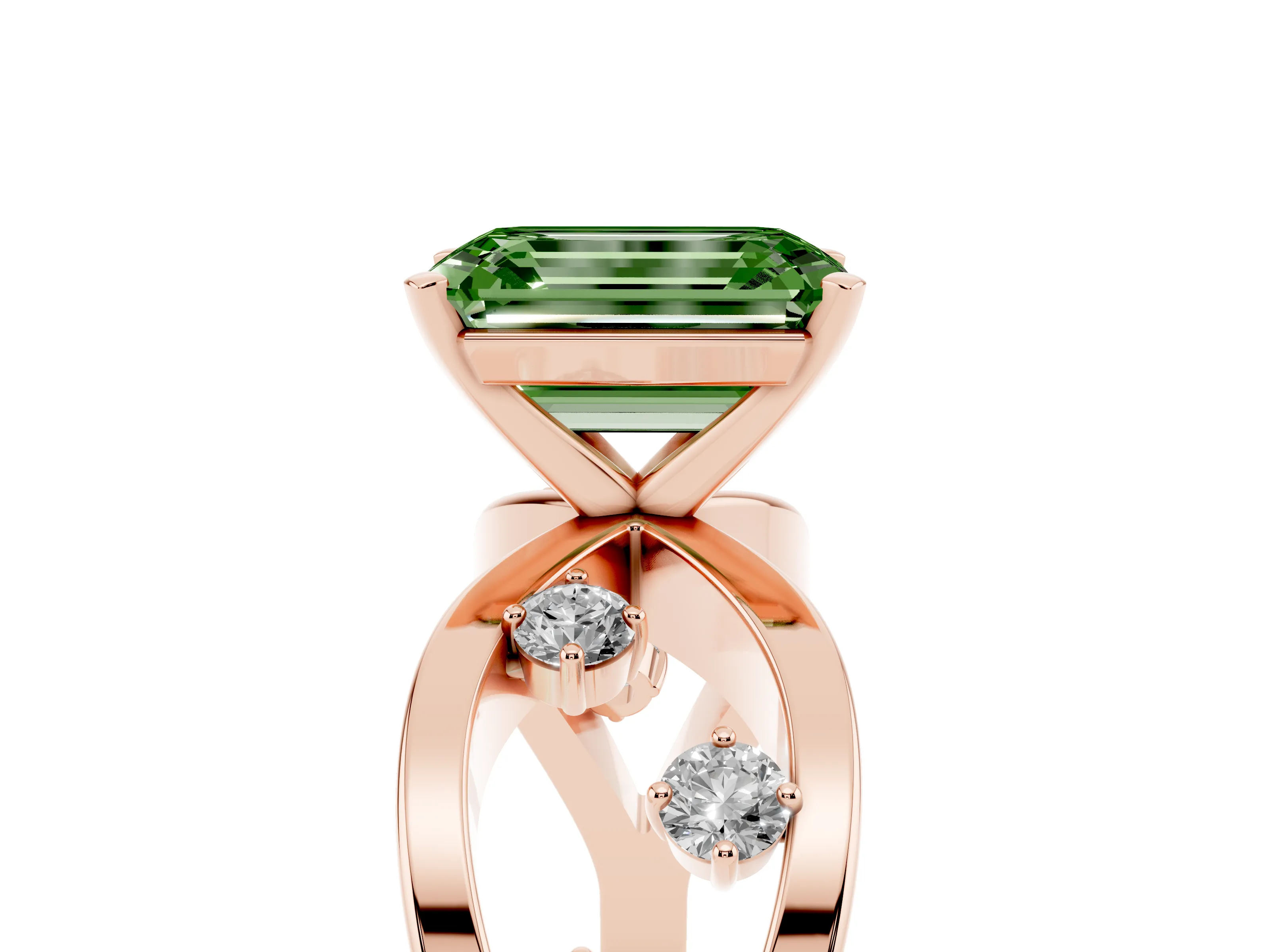 Fancy Green Emerald Cut Diamond Solitaire Ring Set in Rose gold with Side Stones on Criss-Cross Band and Prong Setting