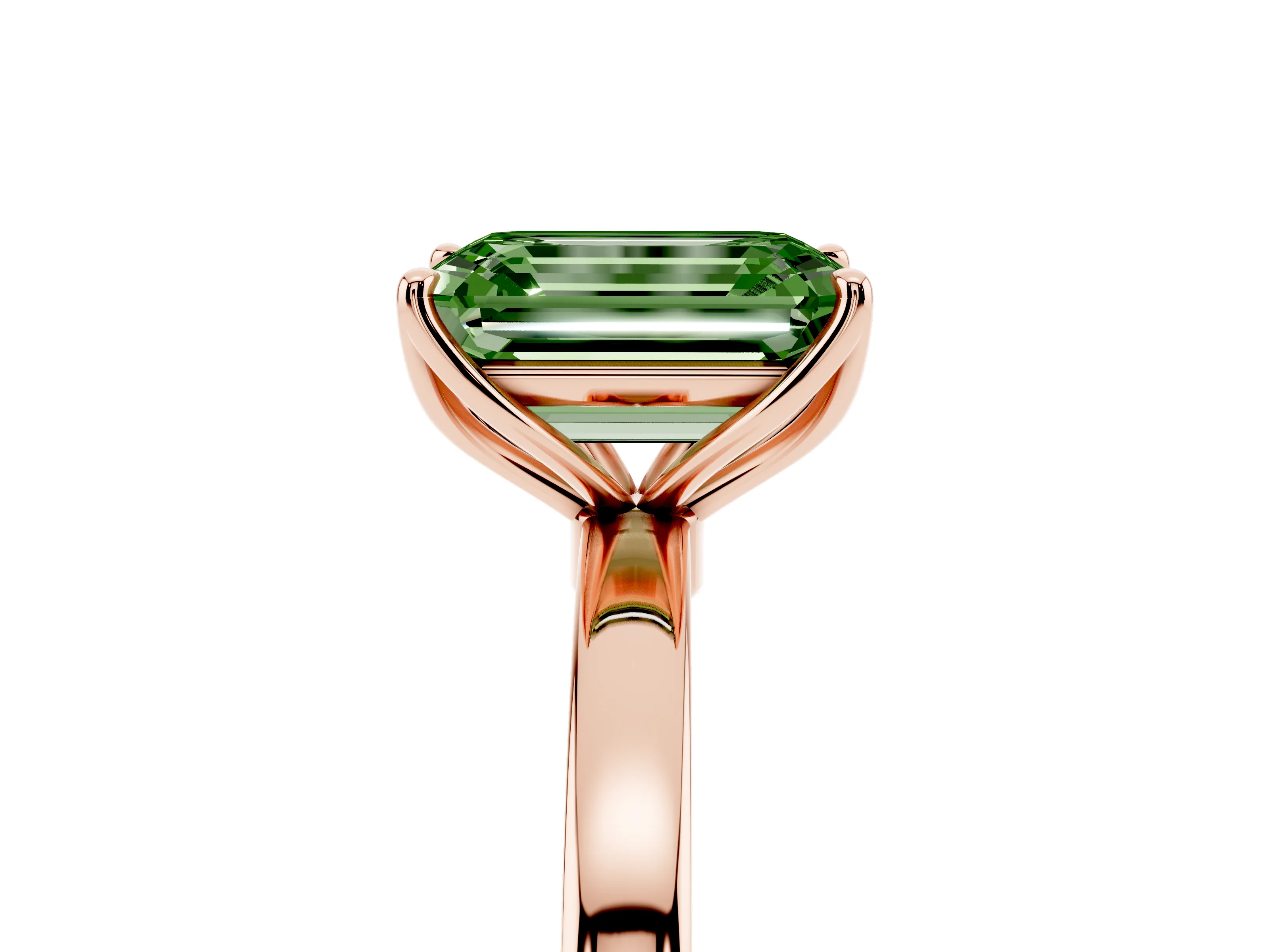 Fancy Green Emerald Cut Diamond Solitaire Ring Set in Rose gold with Prong Setting and Thin Polished Band