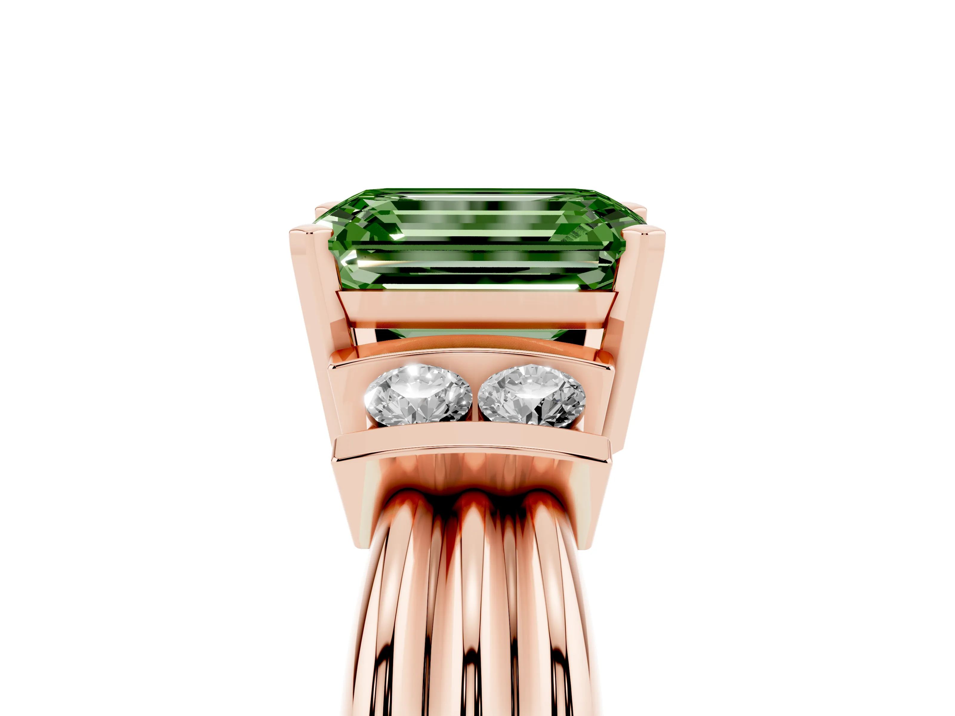 Fancy Green Three-Stone Emerald Cut Diamond Channel Set Ring Set in Rose gold with Bar Prongs