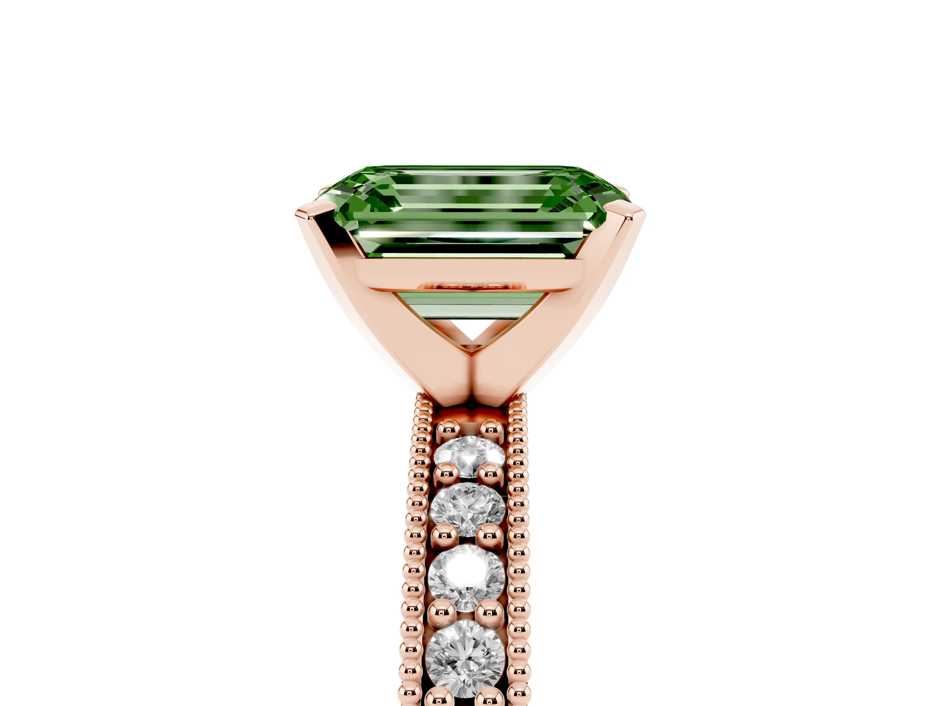 Fancy Green Emerald Cut Diamond Milgrain Pavé Engagement Ring Set in Rose gold with Prong Setting