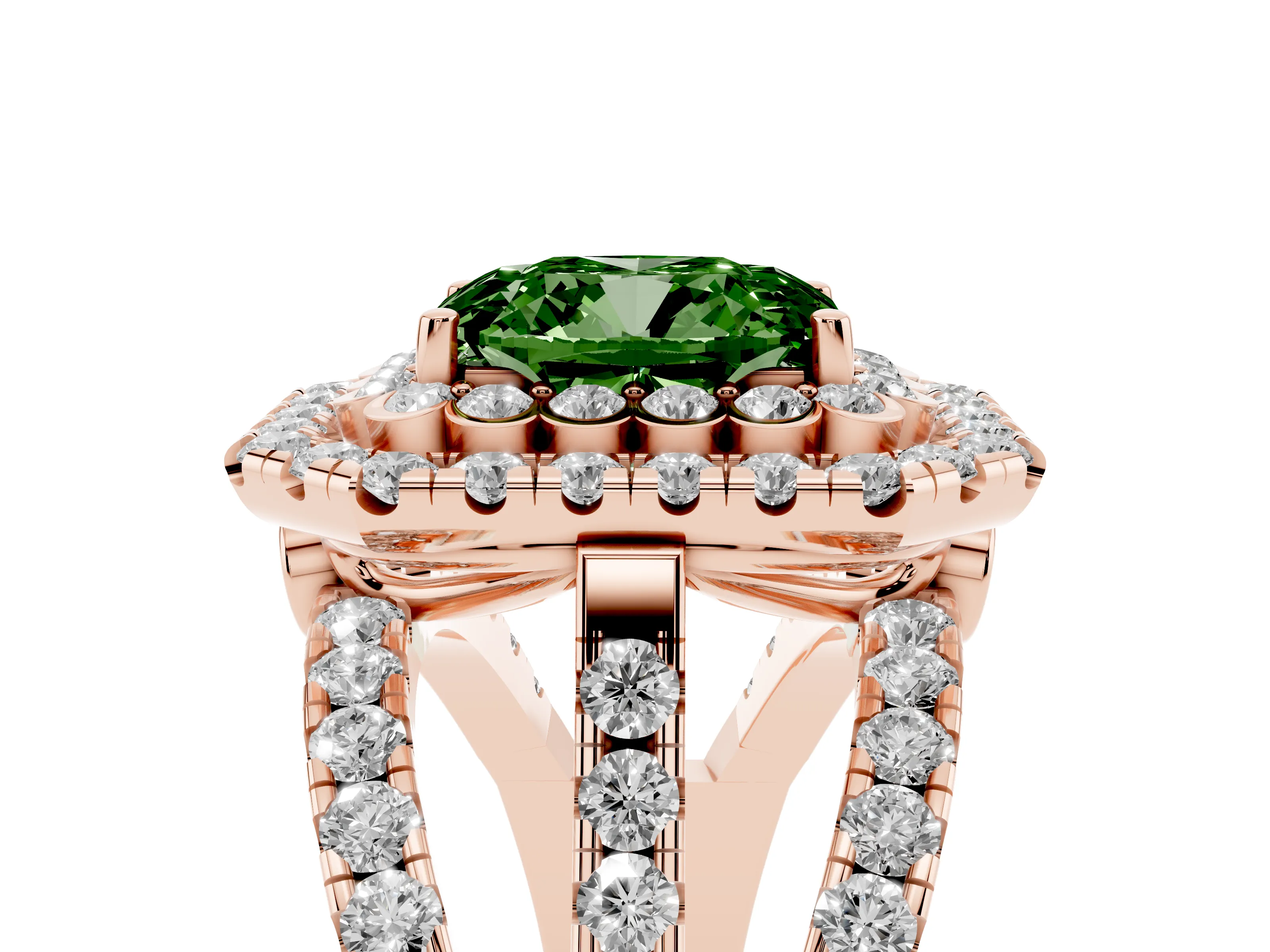 Fancy Green Emerald Cut Diamond Double Halo Ring Set in Rose gold with Round Pavé Split Shank