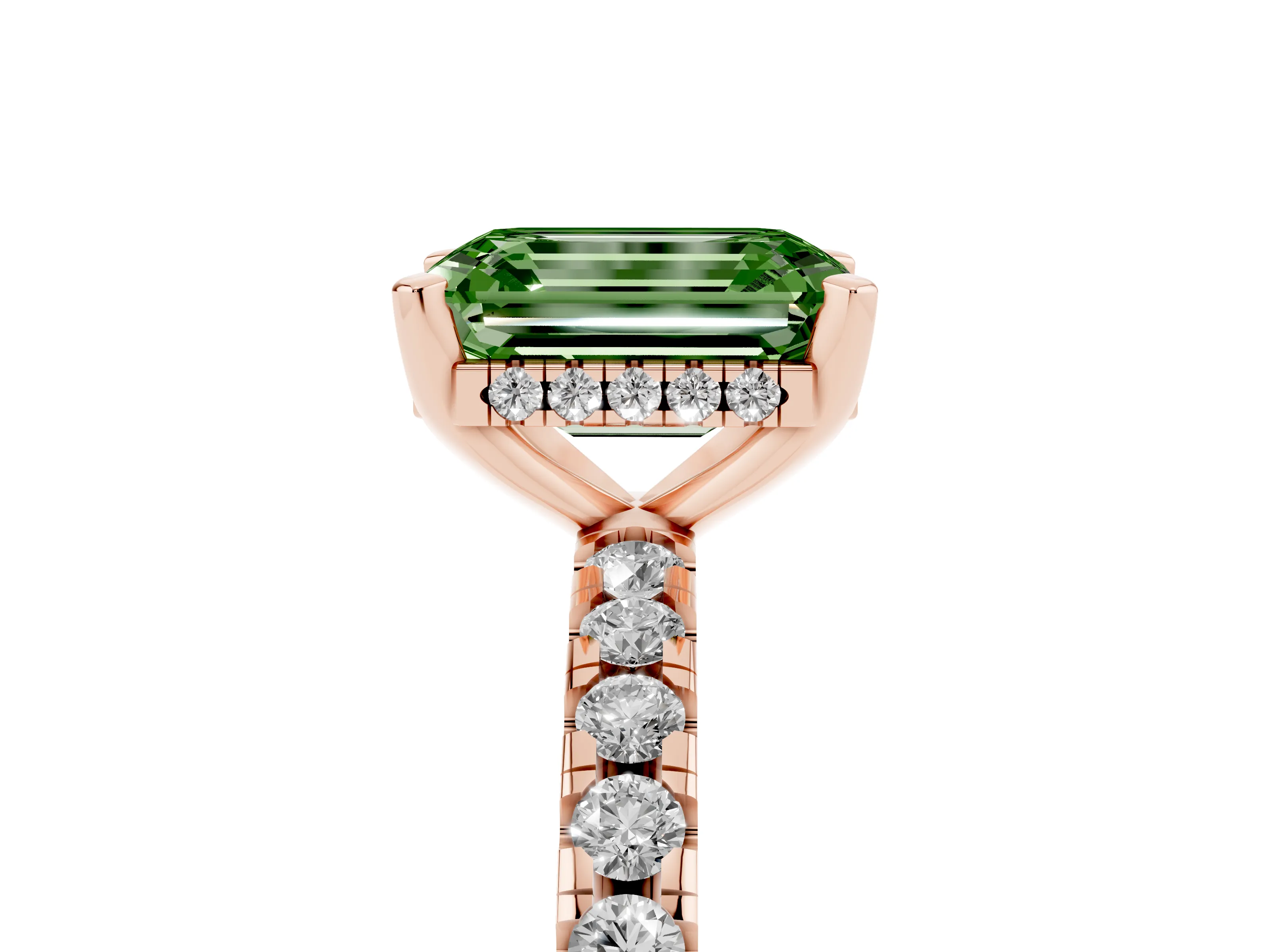 Fancy Green Emerald Cut Diamond Pavé Solitaire Ring Set in Rose gold with Round Band Accents and Prong Setting