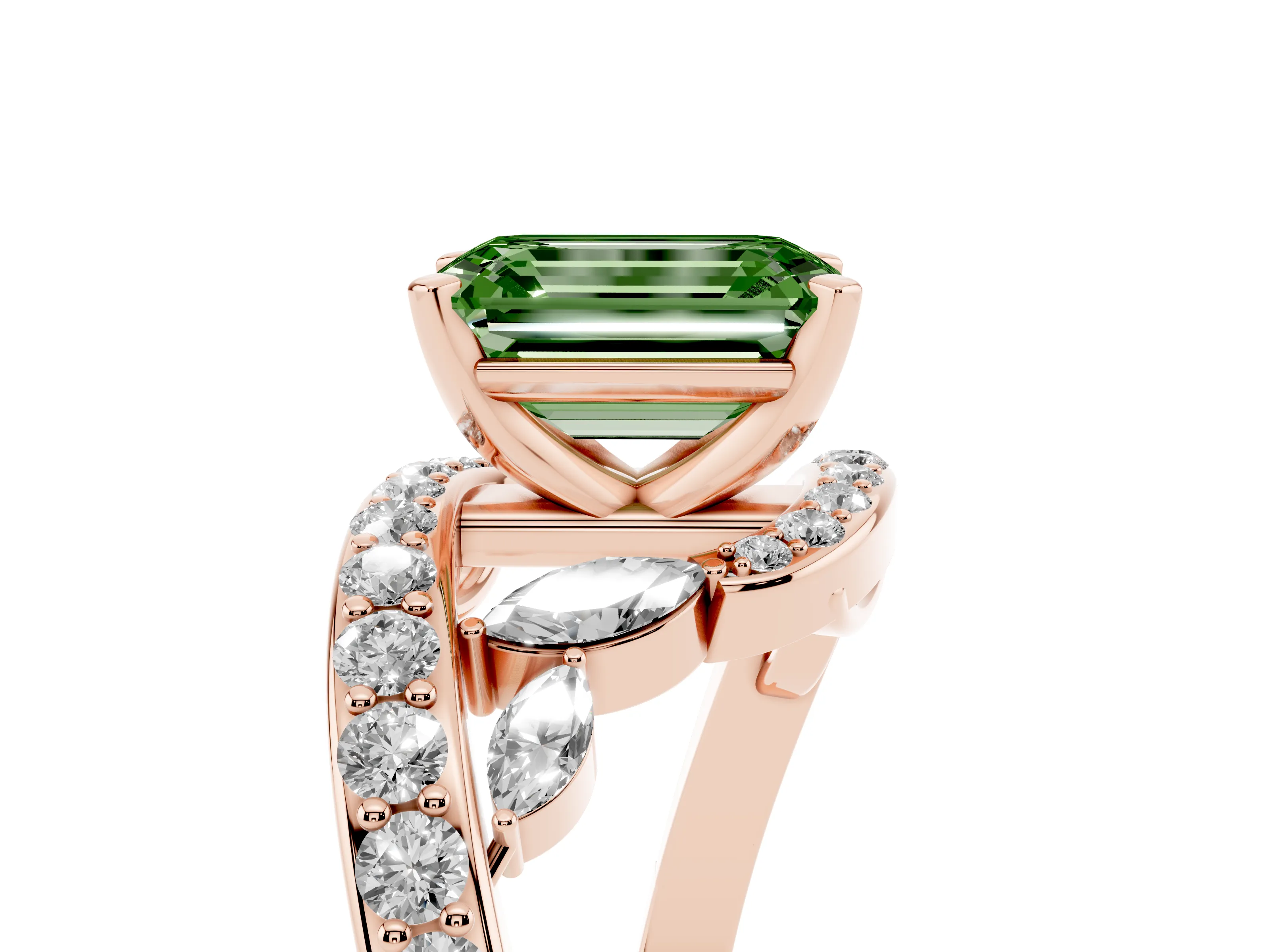 Fancy Green Emerald Cut Diamond Solitaire Ring Set in Rose gold with Pavé Twist Band and Secure Prong Setting