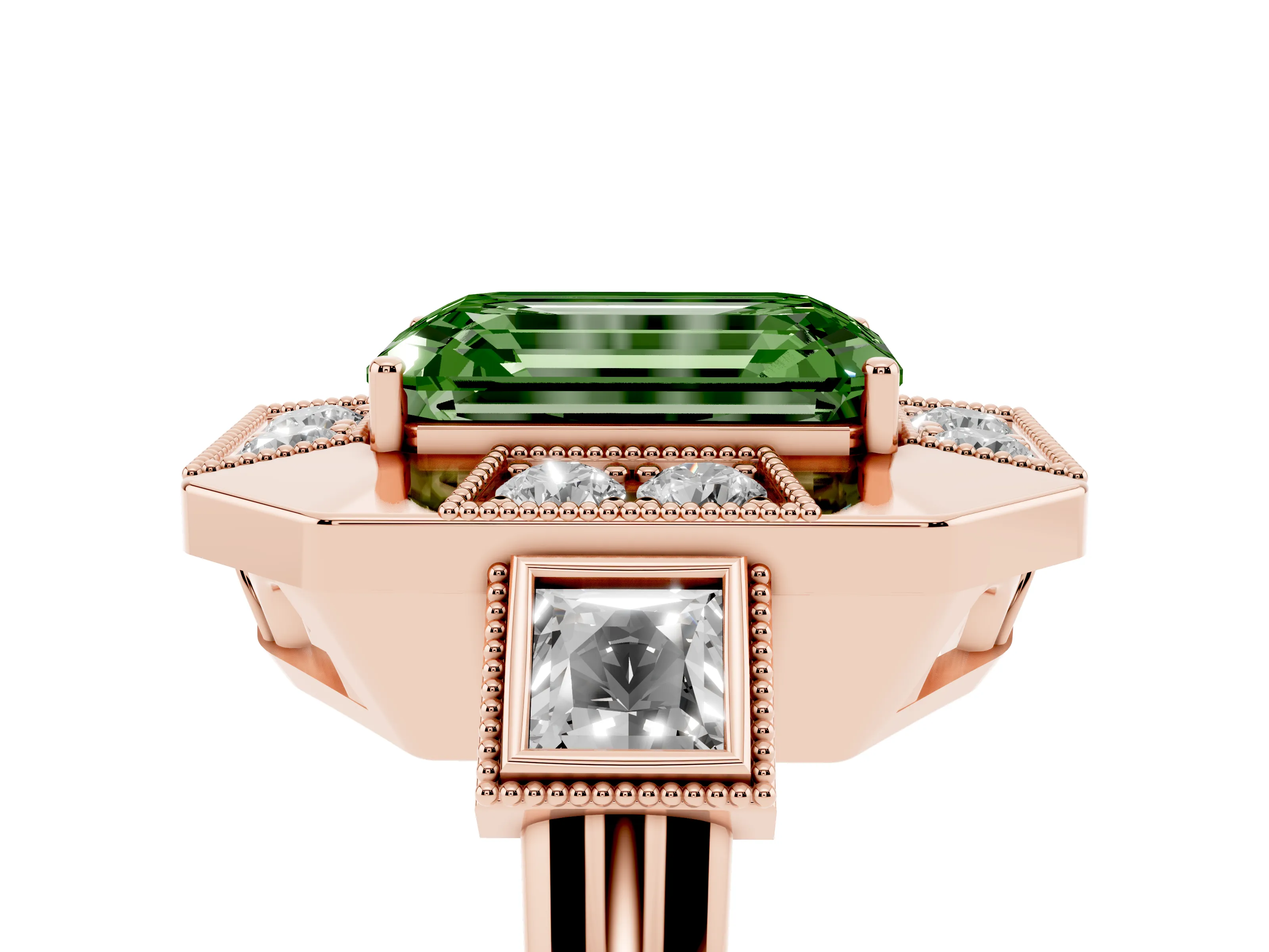 Fancy Green Emerald Cut Diamond Milgrain Halo Ring Set in Rose gold with Split Shank