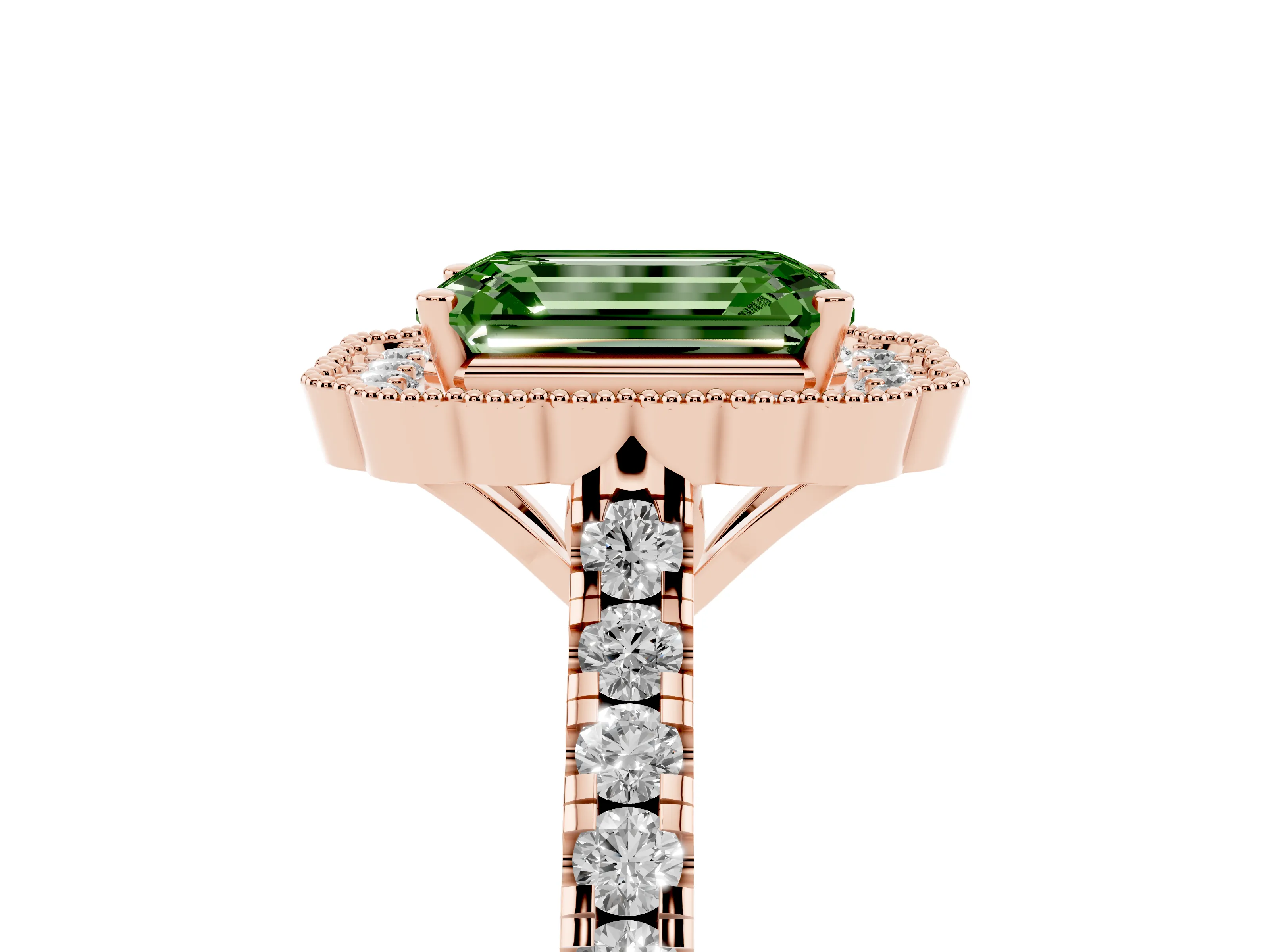Fancy Green Emerald Cut Diamond Milgrain Floral Halo Engagement Ring Set in Rose gold with Pavé Band