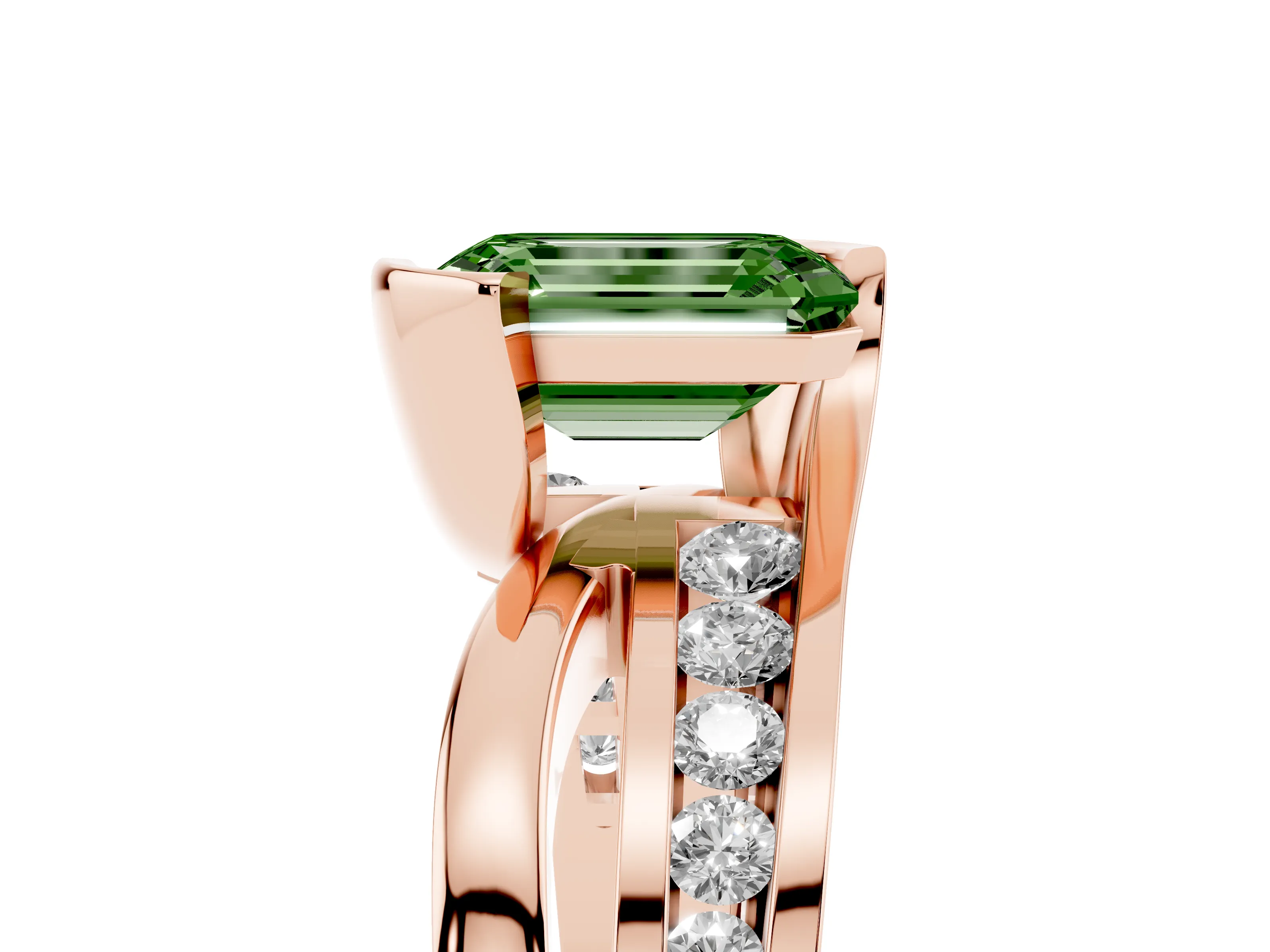 Fancy Green Emerald Cut Diamond Solitaire Ring Set in Rose gold with Channel Set Split Shank and Tension Prongs