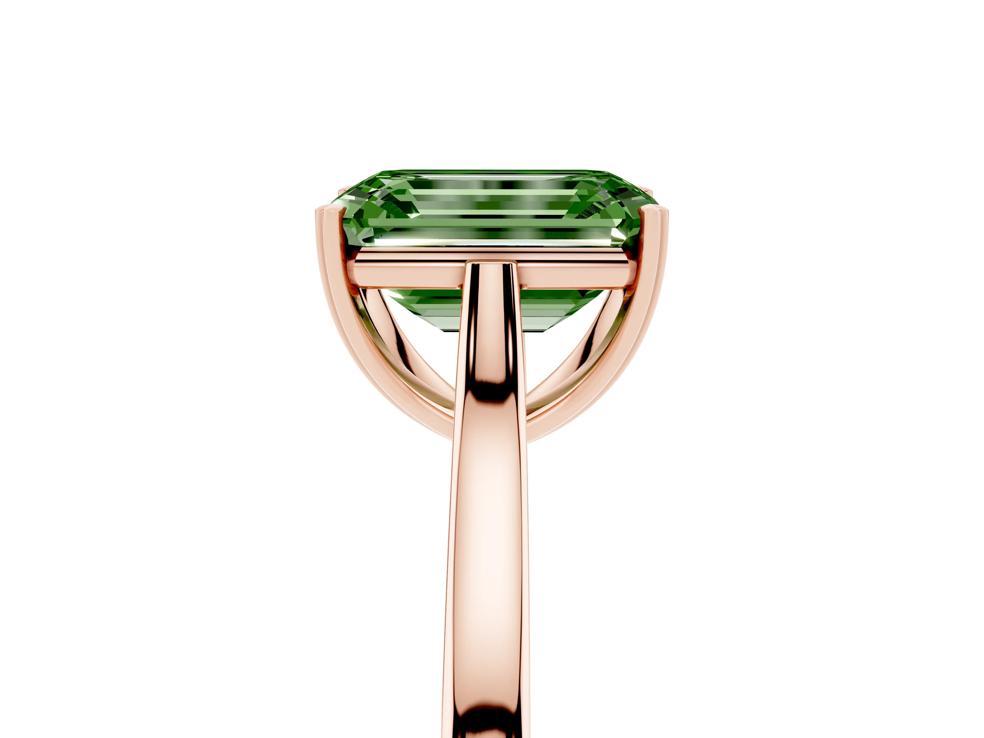 Fancy Green Emerald Cut Diamond Solitaire Heart Prong Engagement Ring Set in Rose gold with Tapered Band