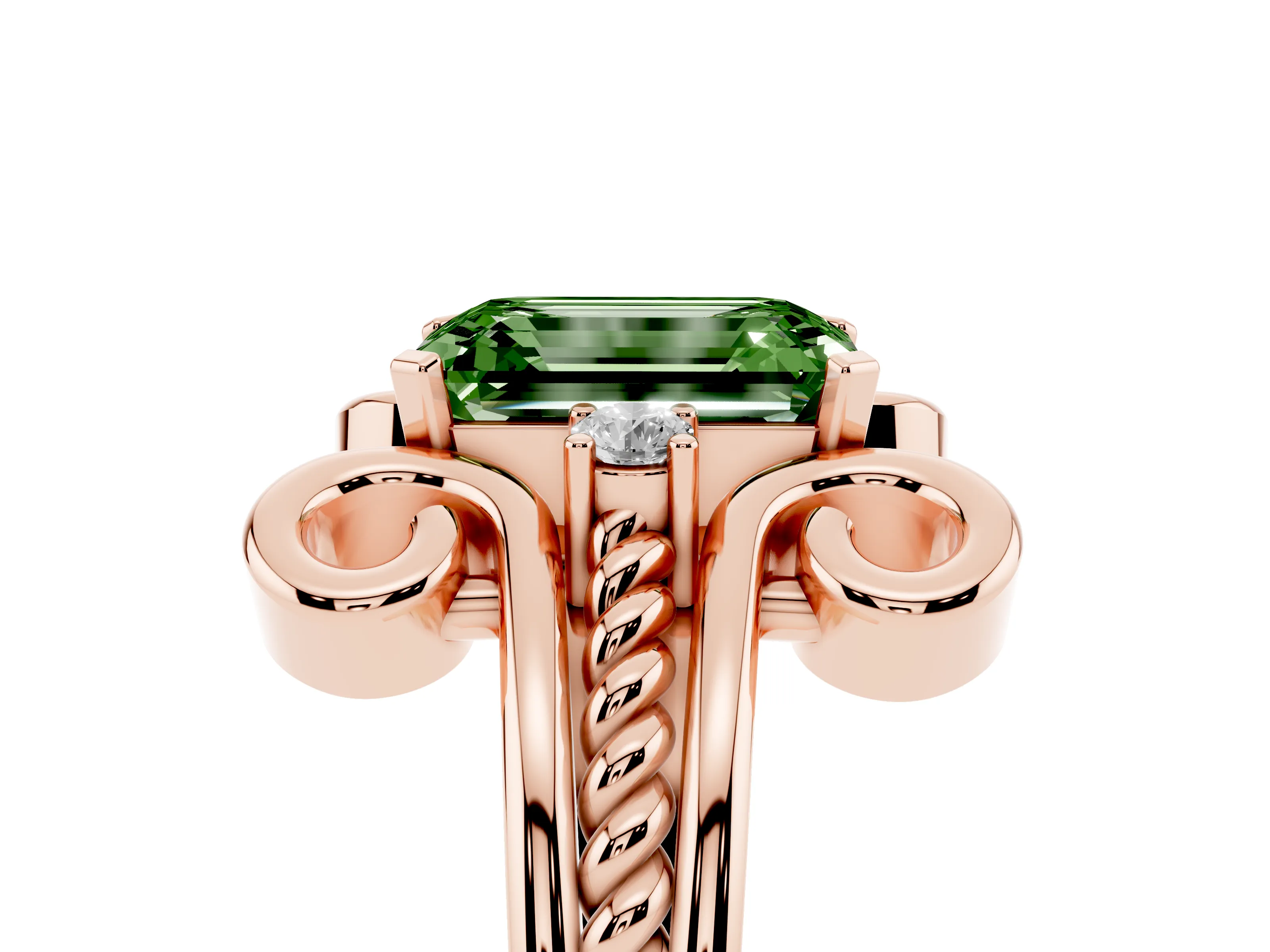 Fancy Green Emerald Cut Diamond Twisted Band Solitaire Ring Set in Rose gold with Scroll Prongs
