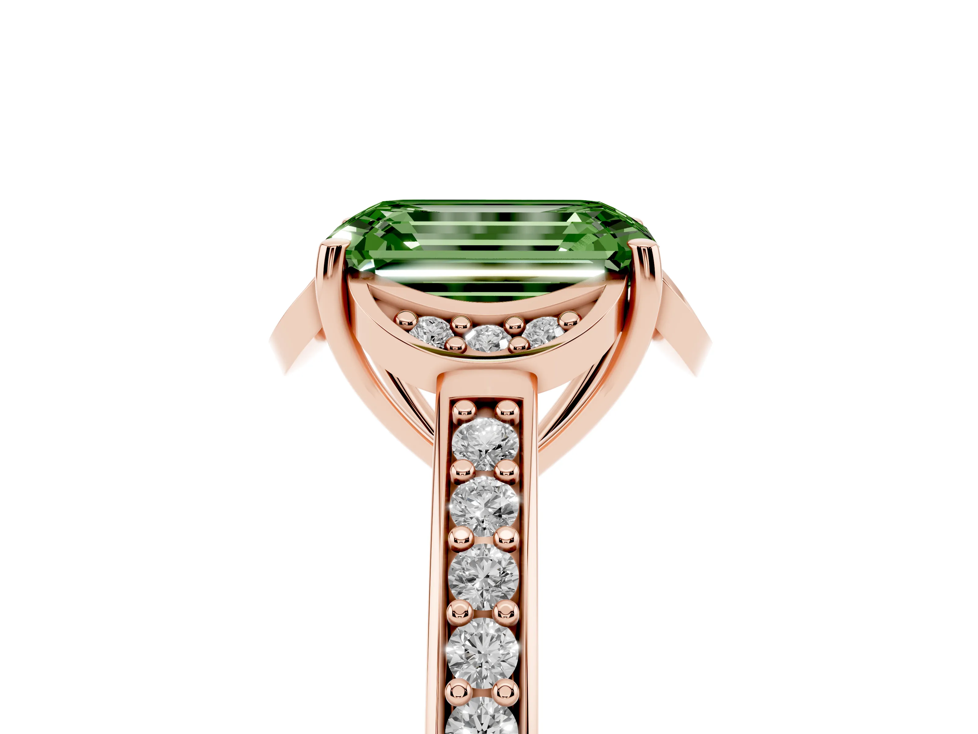 Fancy Green Emerald Cut Diamond Halo Ring Set in Rose gold with Channel Set Band and Prong Setting