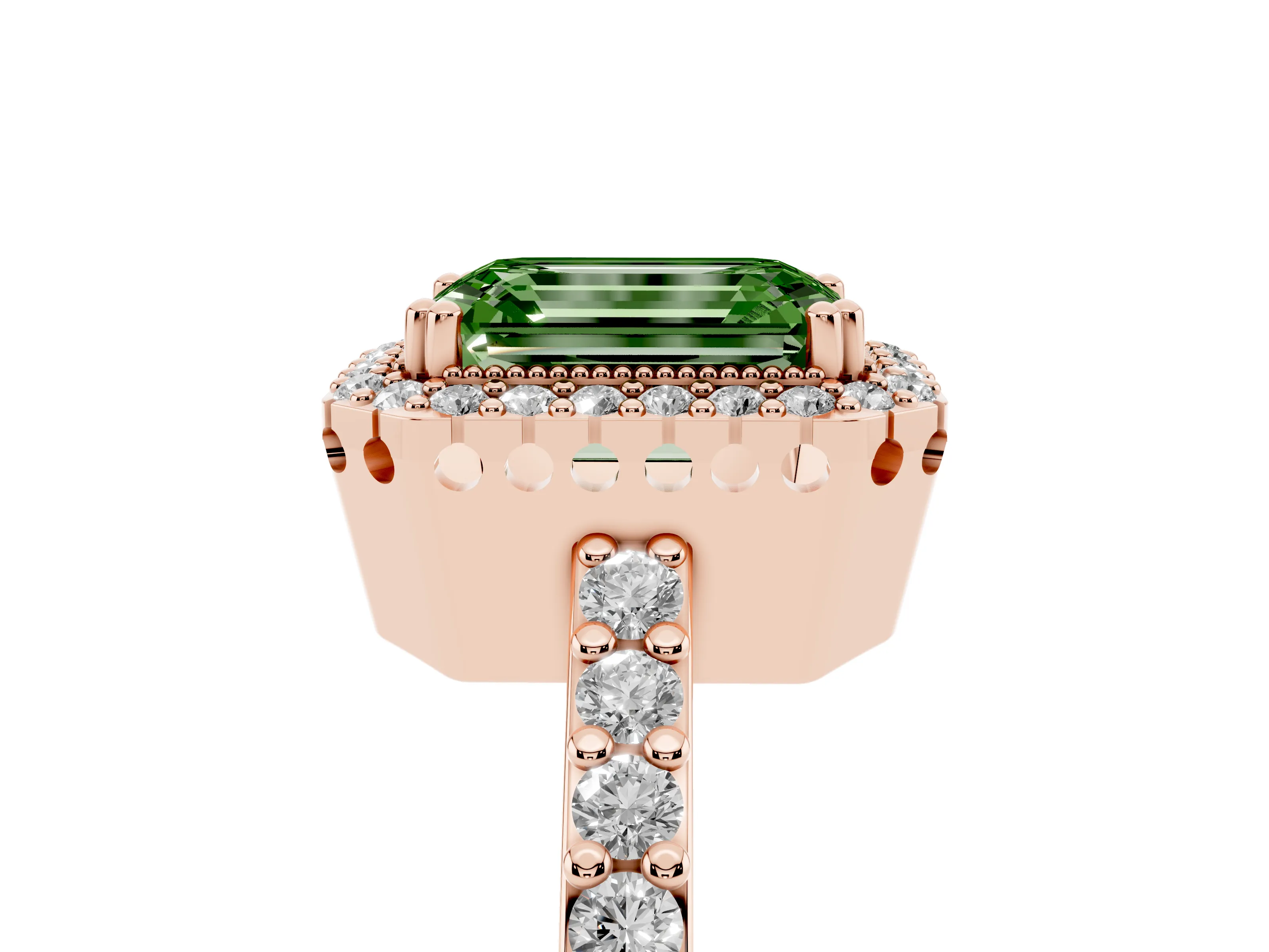 Fancy Green Emerald Cut Diamond Halo Engagement Ring Set in Rose gold with Milgrain Detail and Pavé Band