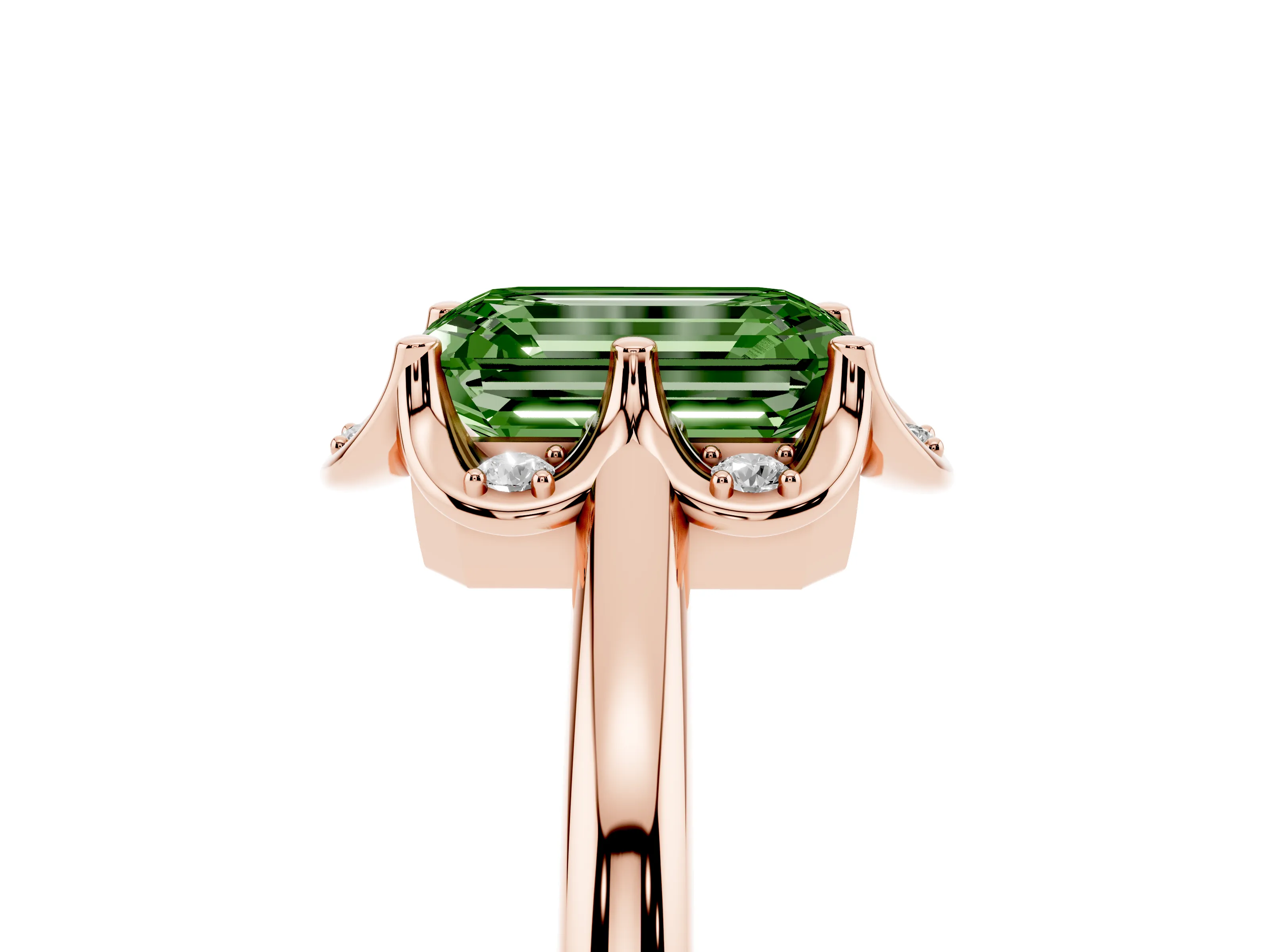 Fancy Green Emerald Cut Diamond Round Cluster Halo Ring Set in Rose gold with Solitaire Band and Prong Setting