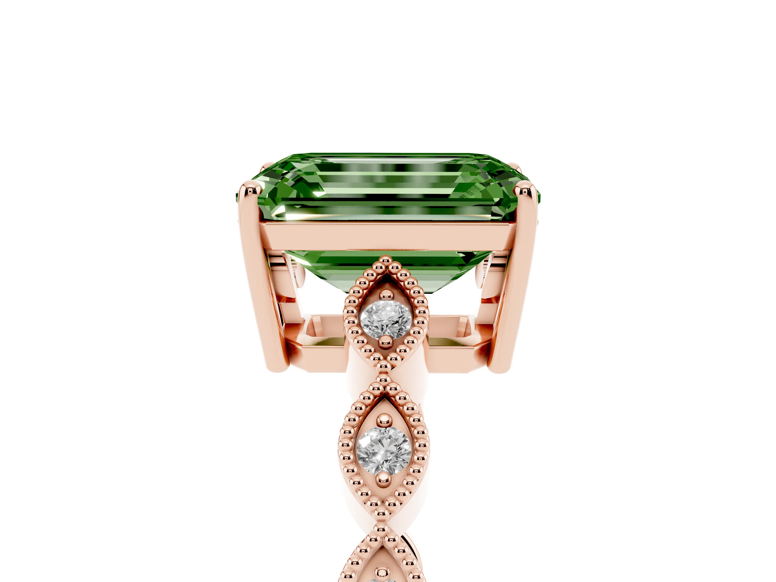 Fancy Green Emerald Cut Diamond Solitaire Ring Set in Rose gold with Infinity Twist Pavé Band