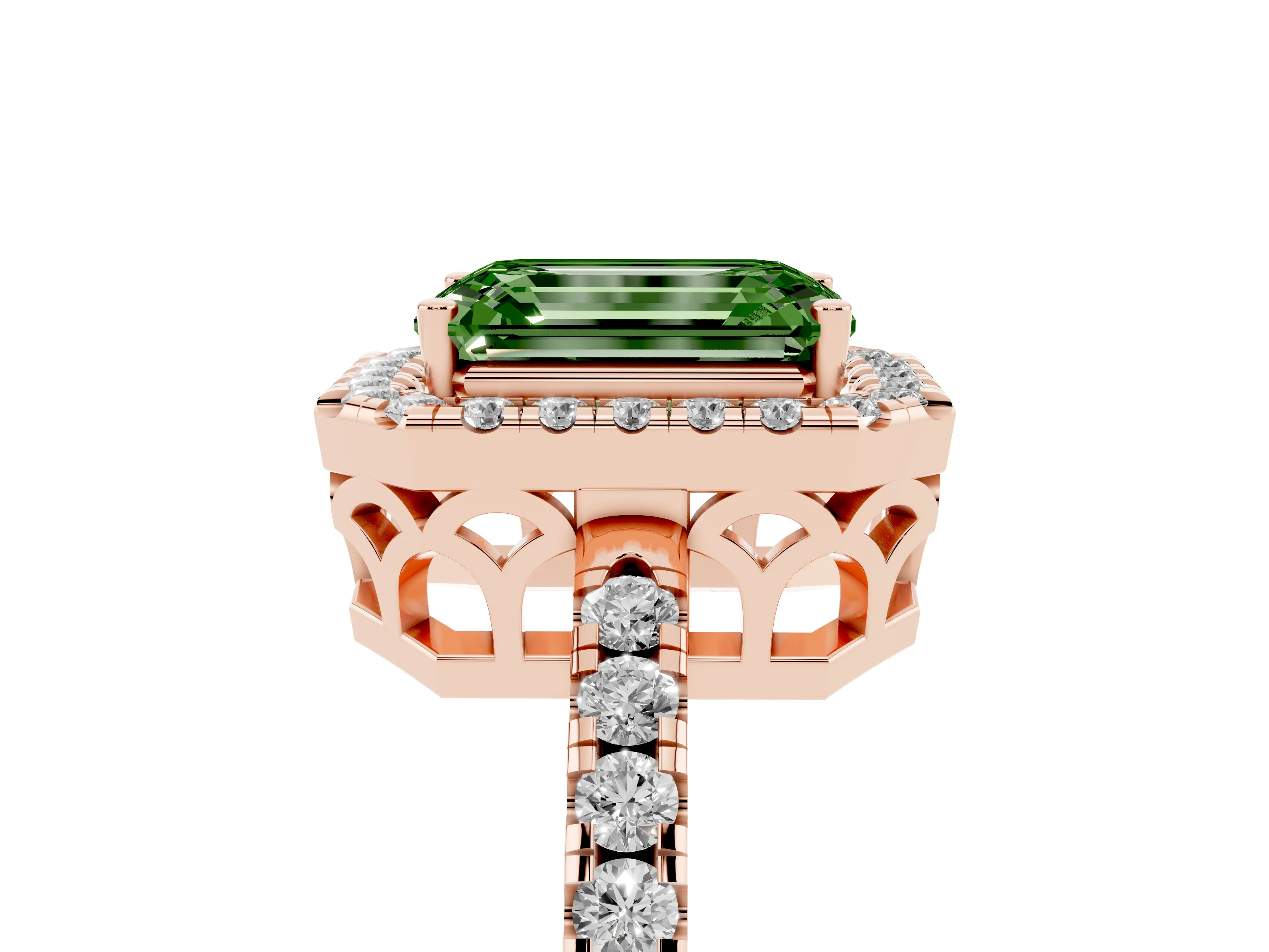 Fancy Green Emerald Cut Diamond Pavé Band Halo Engagement Ring Set in Rose gold with Prong Setting