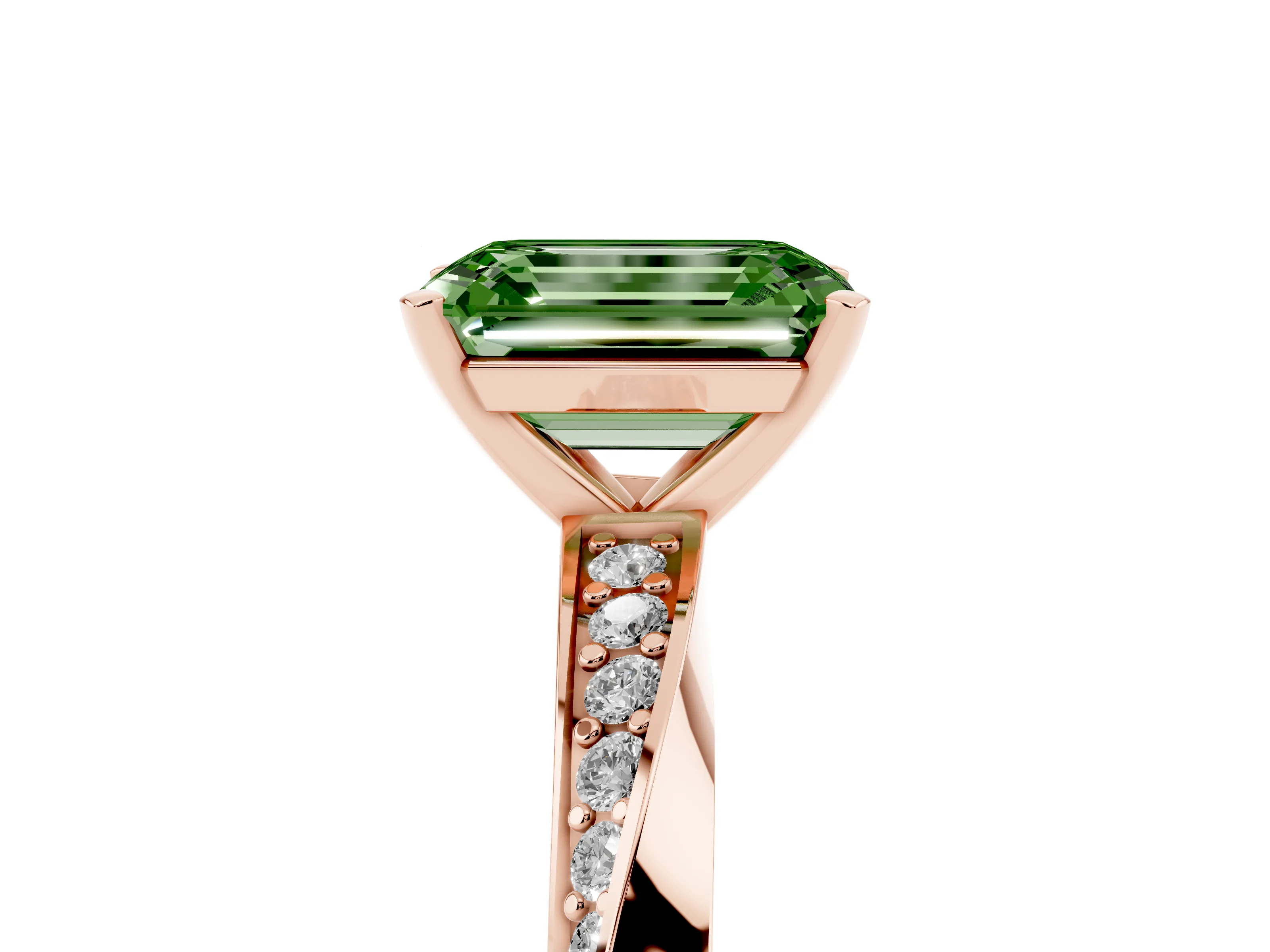 Fancy Green Emerald Cut Diamond Engagement Ring Set in Rose gold with Side Stone Accents and Prong Setting