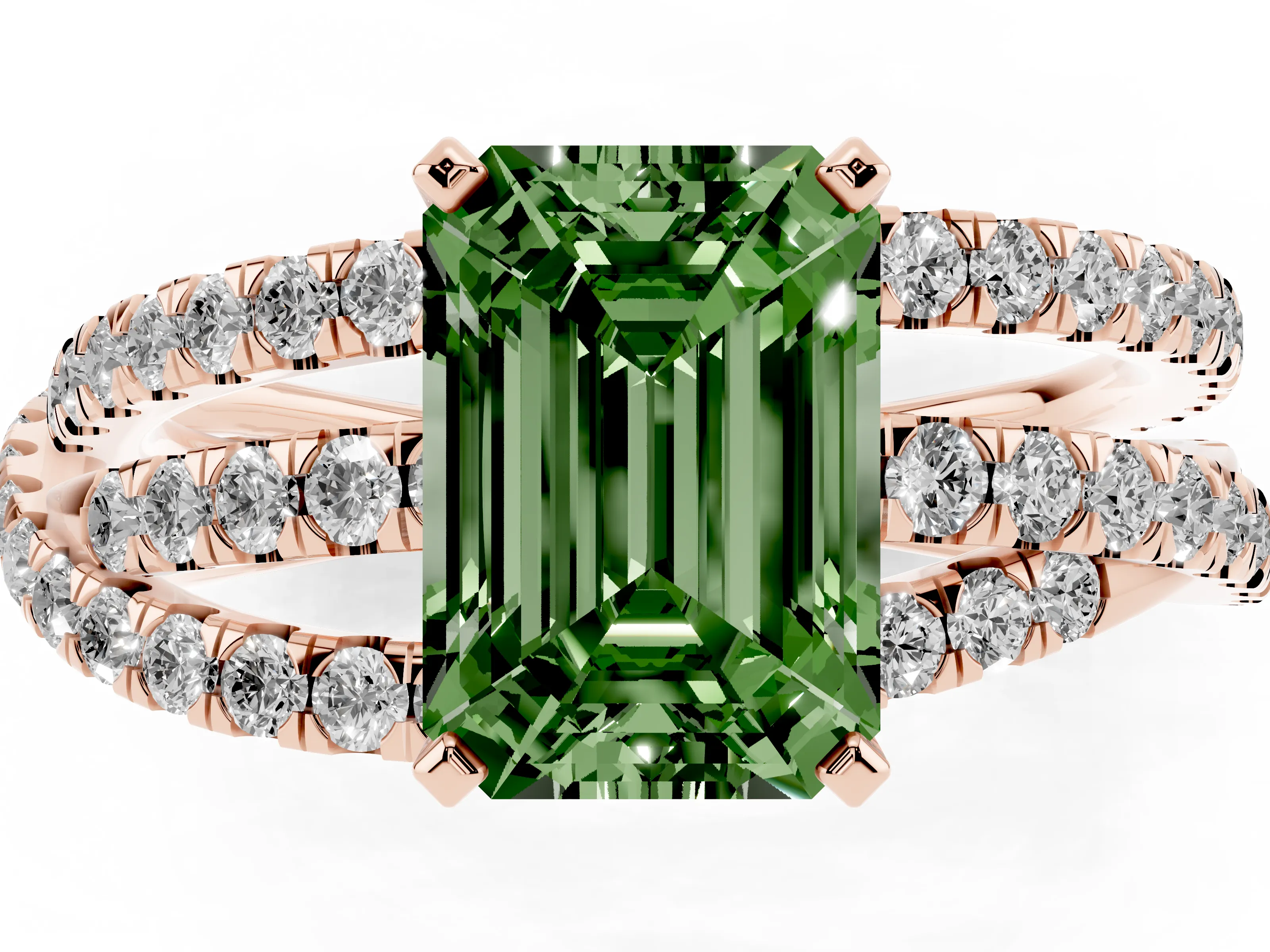 Fancy Green Emerald Cut Diamond Solitaire Twist Band Ring Set in Rose gold with Pavé Setting and Prong Head