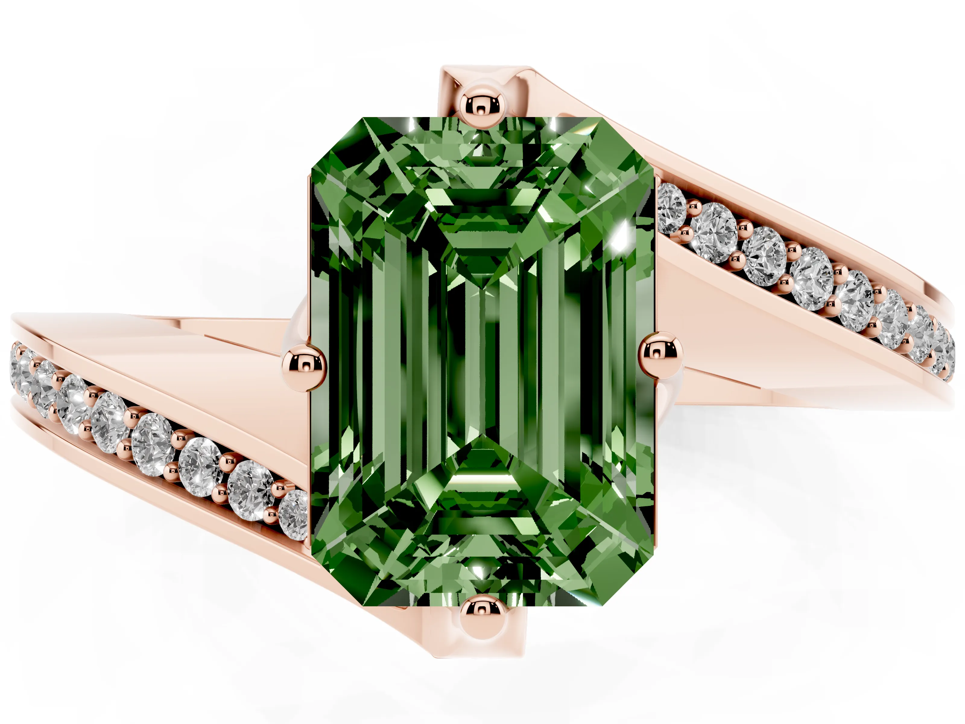 Fancy Green Emerald Cut Diamond Solitaire Ring Set in Rose gold with Intertwined Pavé Twist Band