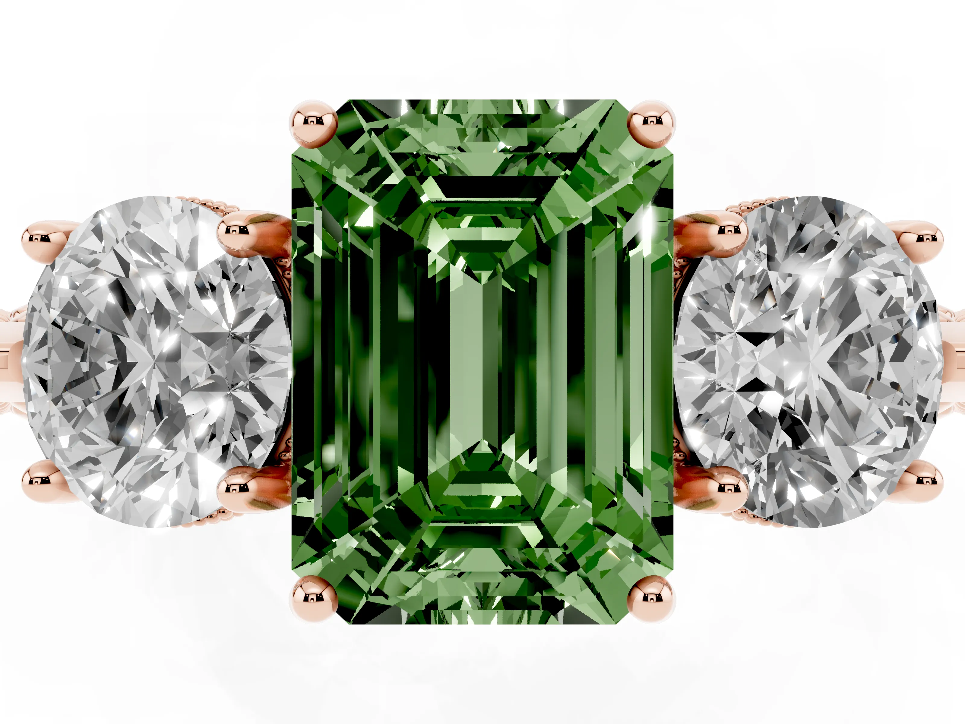 Fancy Green Emerald Cut Diamond Three-Stone Ring Set in Rose gold with Milgrain Band