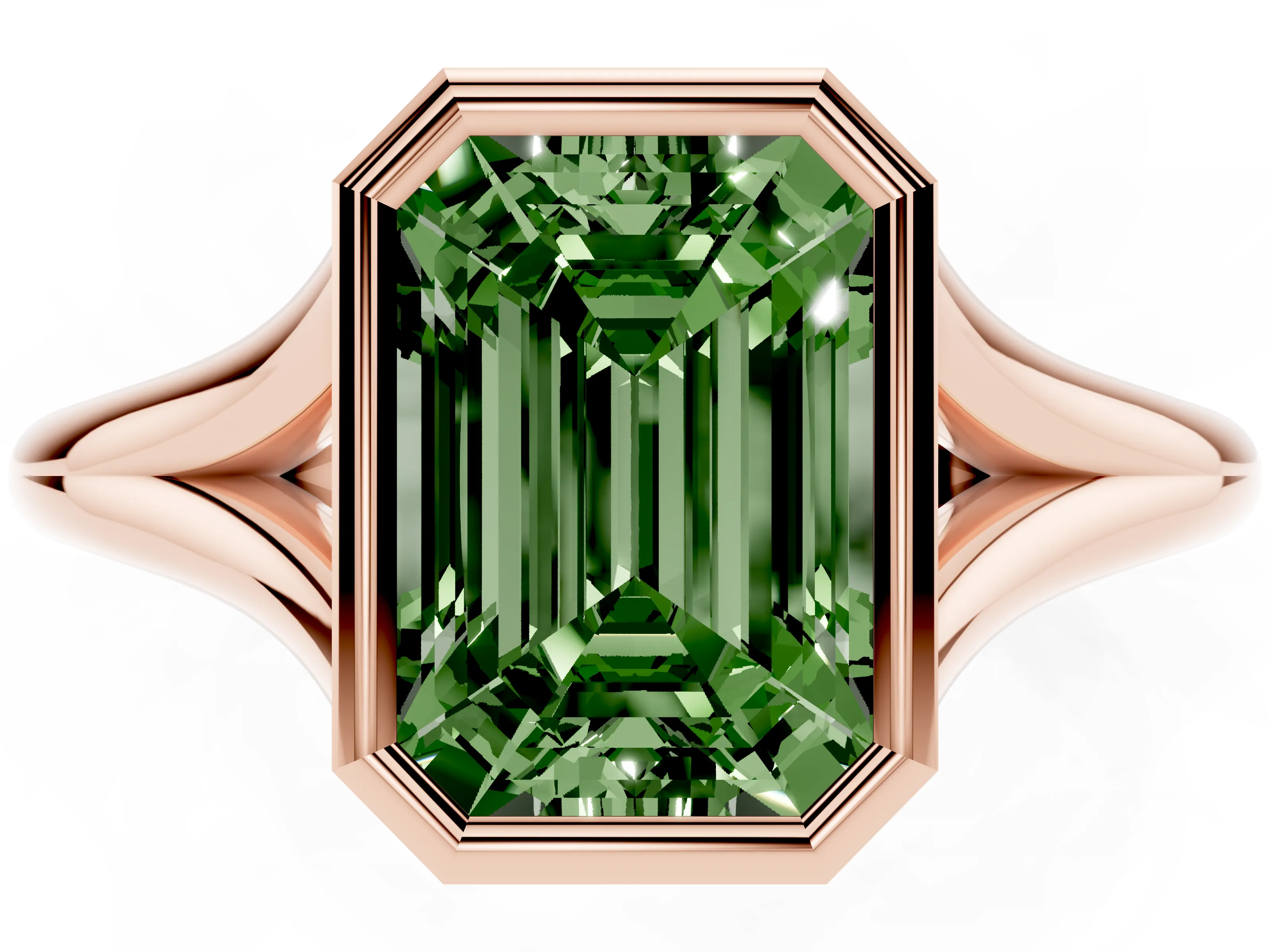 Fancy Green Bezel Set Emerald Cut Diamond Solitaire Ring Set in Rose gold with Tapered Band